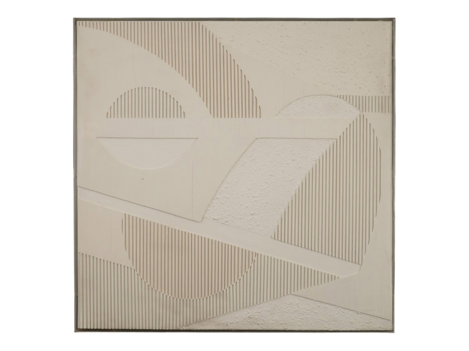 ABSTRACT GEOMETRIC MIXED MEDIA WALL RELIEF FRAMED: A geometric abstract mixed media wall relief executed in off-white monochrome. Molded wood and plaste. Plexiglass frame. Signed Millay to the back. Collectible Wall Decor, Contemporary Art, Abstractio