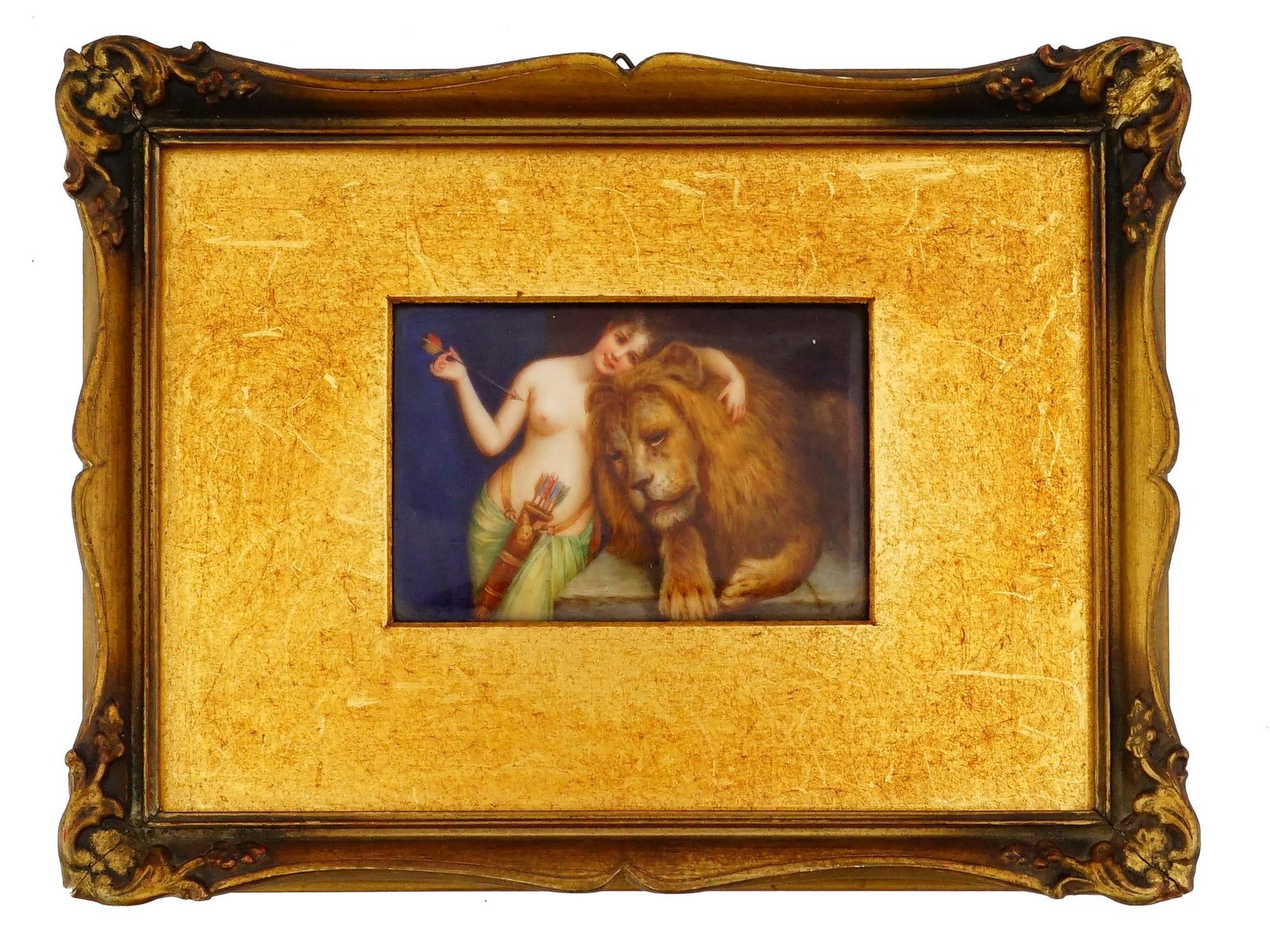 ANTIQUE GERMAN PORCELAIN PLAQUE DIANA WITH A LION (1 of 5)