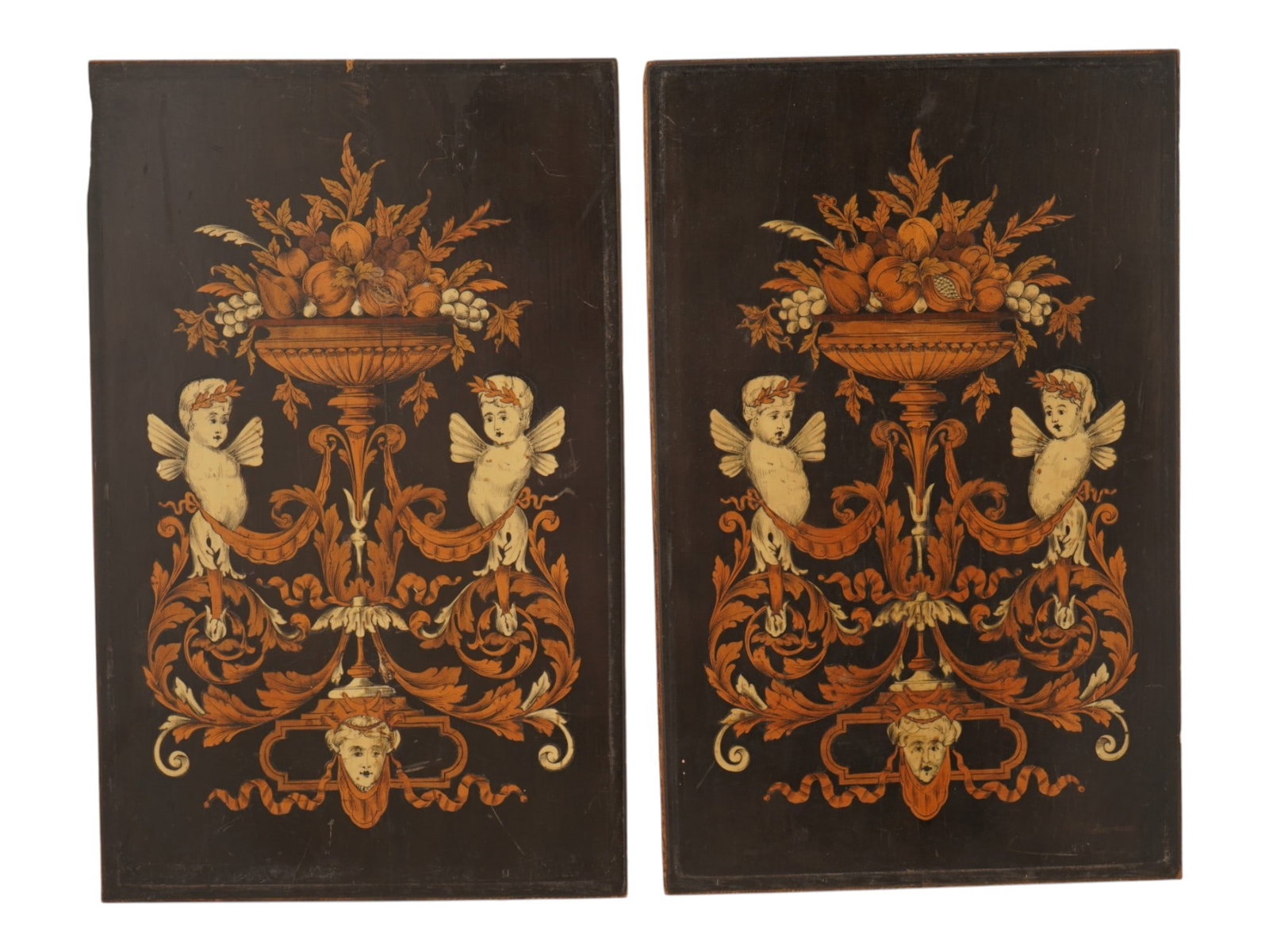 PAIR OF WOODEN PANELS W MARQUETRY INLAYS DESIGN: A pair of rectangular wooden panels featuring intricate marquetry inlays. Each panel displays a symmetrical Neoclassical composition centered by an overflowing floral urn, which is flanked by a pair o
