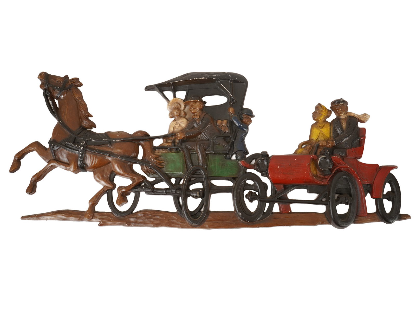 LOT OF AMERICAN SEXTON DECORATIVE METAL WALL PLAQUES: A lot of two vintage cast metal wall plaques of American manufacture featuring traditional horse drawn carriage motifs. The first piece depicts an ornate closed coach with figures, finished in a bronz