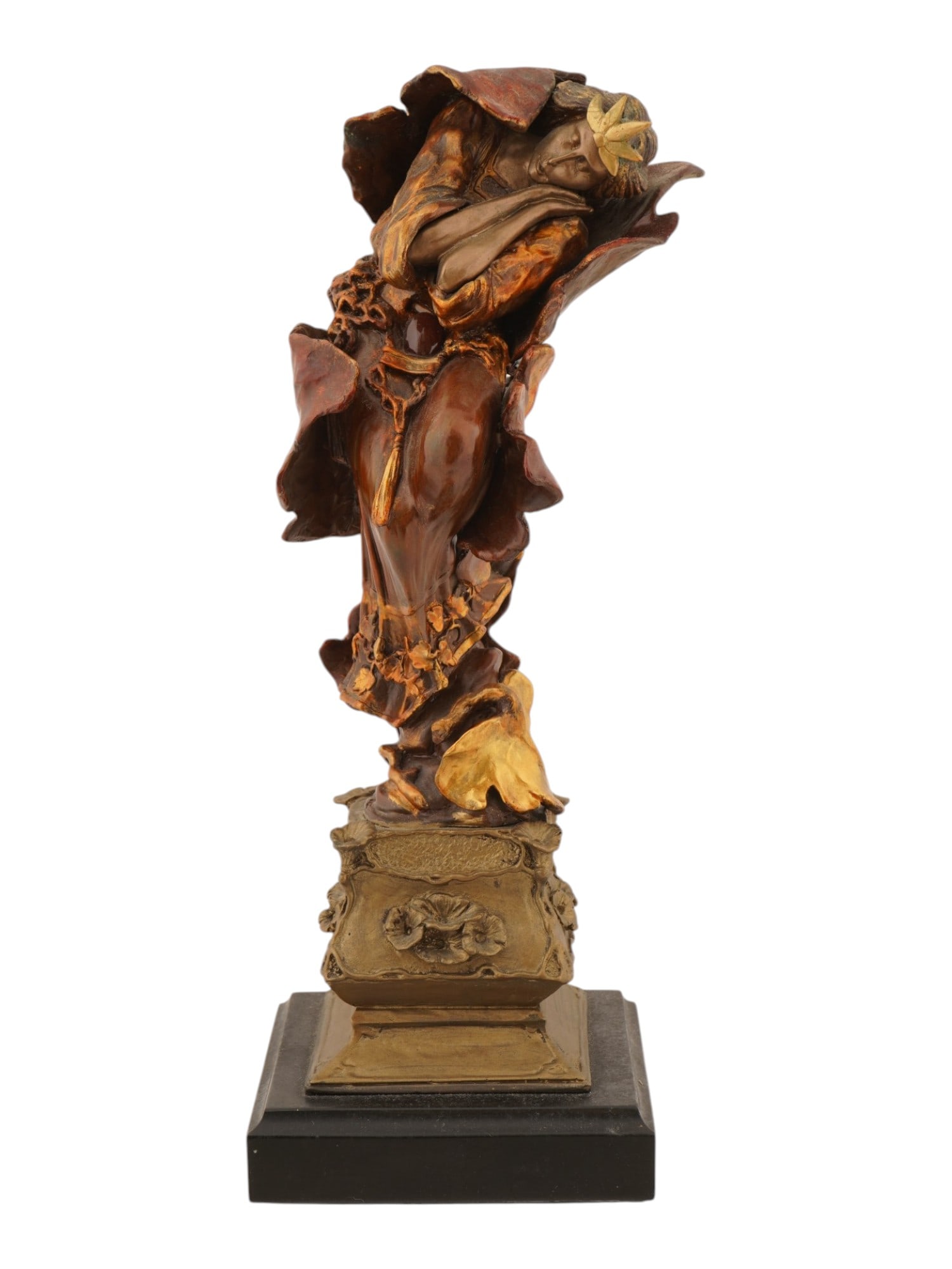 AMERICAN BRONZE FEMALE FIGURINE SIGNED R. T. PEARCE: R. T. Pearce, American, born 1956, cast bronze sculpture. Standing female figure in a starred crown, hands folded by the face as if falling asleep. Decorative pedestal. Brown and gold patina. Signed a