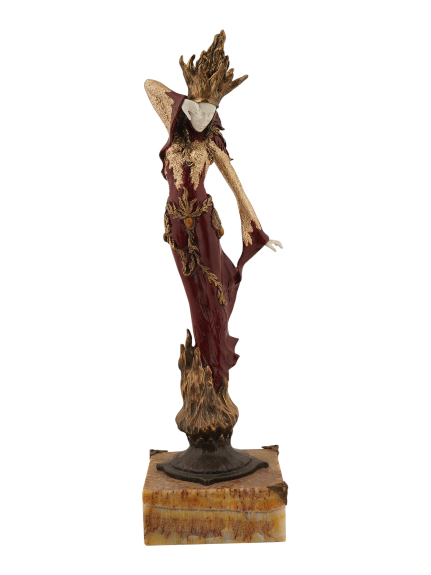 AMERICAN BRONZE FEMALE FIGURINE SIGNED R. T. PEARCE: R. T. Pearce, American, born 1956, cold-painted bronze sculpture. Standing female figure in a fire crown. Decorative pedestal and stone base. Titled Fire. Signed and dated 1996 on the bottom. Collecti