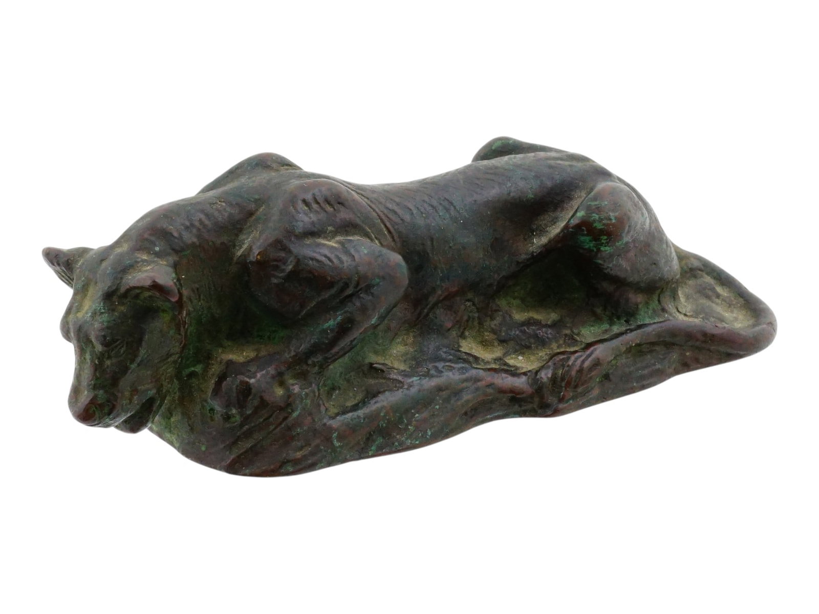 TIFFANY STUDIOS CAST BRONZE LIONESS PAPERWEIGHT: An early 20th-century cast bronze paperweight by Tiffany Studios. Sculpted piece representing a Crouching Lion or Lioness. Dark brown and green patina. Marked Tiffany Studios New York 887 on the botto