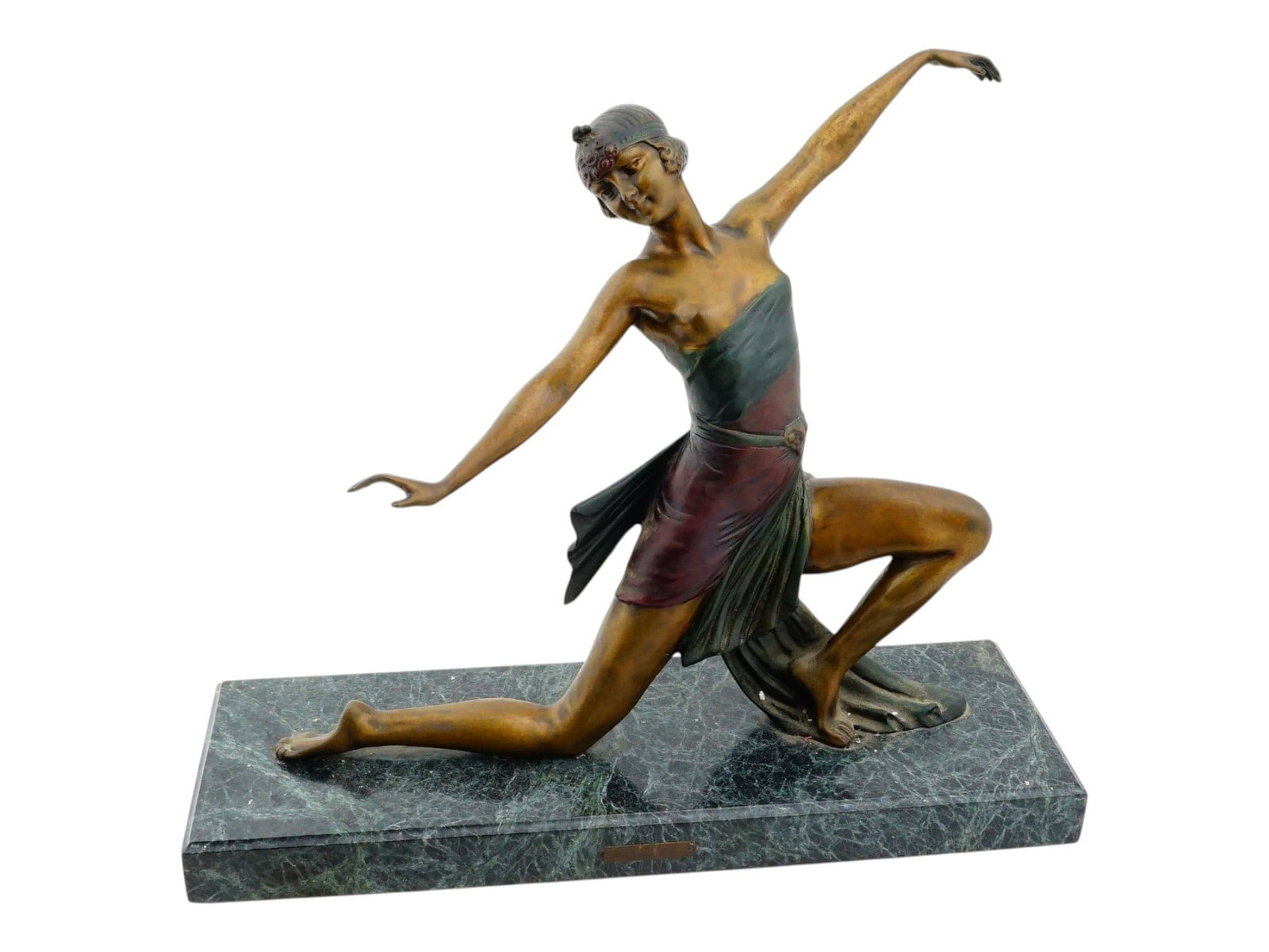 ATTR TO DEMETRE CHIPARUS ART DECO BRONZE SCULPTURE: Attributed to Demetre Chiparus, Romanian, 1886 to 1947, cold-painted cast bronze sculpture. Figure of a female dancer. Titled The Dancer. Signed on the bottom. Mounted on a green marble base. Demetre 