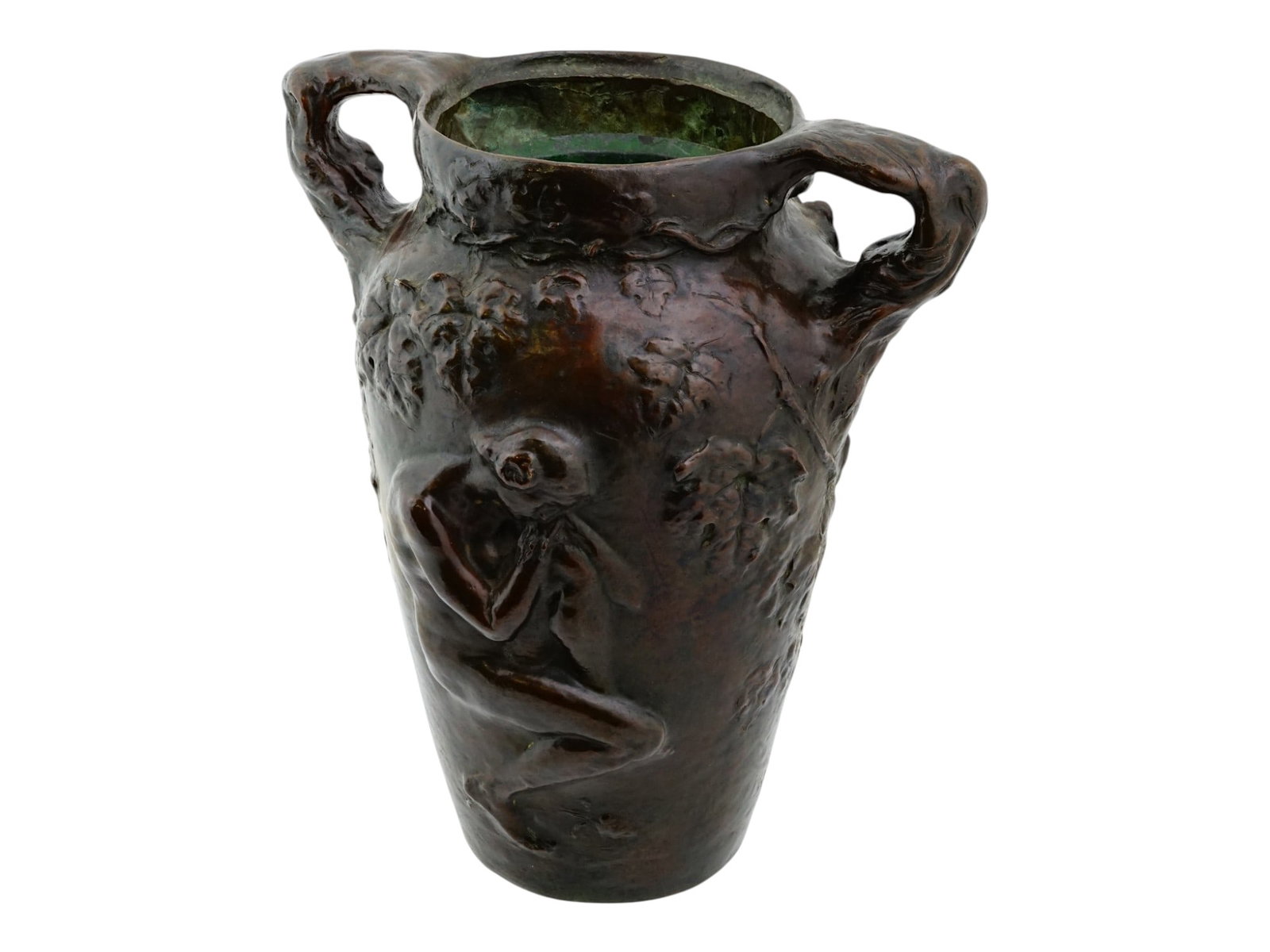 ART NOUVEAU BRONZE VASE DESIGNED BY CHARLES VITAL CORNU: An Art Nouveau patinated bronze sculptural vase created by the French sculptor Charles Vital Cornu, 1851 to 1927. The body of the vessel is adorned with a high relief depiction of a nude female figure