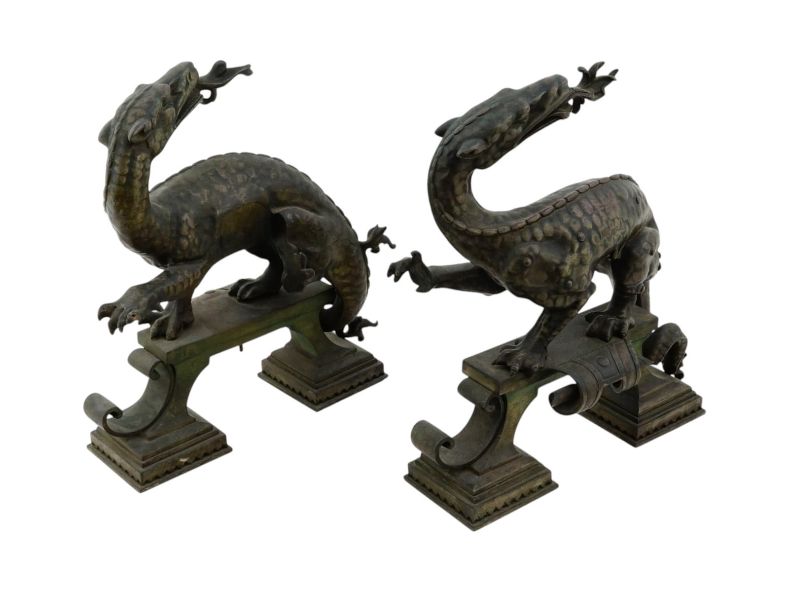 PAIR OF EARLY 20TH C BRONZE DRAGON ANDIRONS: A pair of early 20th-century cast bronze andirons. Each item represents a dragon or lizard on a pedestal. Marked 286 on the bottom. An andiron, also known as chenet or firedog, is a bracket support, n