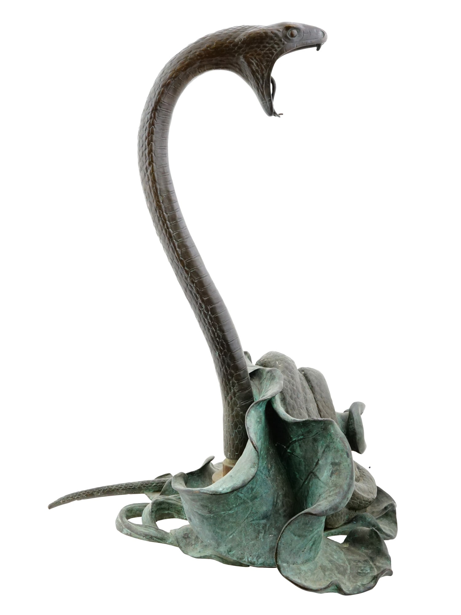 VINTAGE DECORATIVE BRONZE COBRA FOUNTAIN SCULPTURE: A vintage decorative bronze cobra fountain sculpture depicting a rearing snake emerging from a lotus leaf-form base. The sculptural form features an internal water channel for fountain use. Vintage Ga