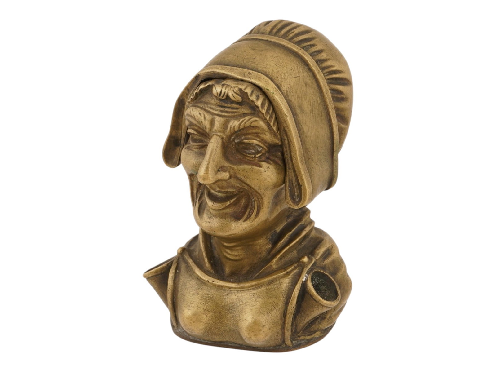 ANTIQUE 19TH C CAST BRONZE FEMALE BUST INKWELL: An antique 19th-century cast bronze inkwell. Designed as a bust of a laughing peasant woman with a hinged bonnet as a lid. Unmarked. Collectible Decor, Desk Accessories, Writing Instruments, Sculpture