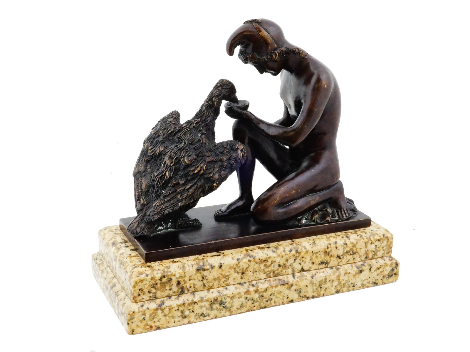 GANYMEDE EAGLE BRONZE SCULPTURE AFTER THORVALDSEN: A patinated bronze sculpture, titled Ganymede Watering Jupiters Eagle, in Greek mythology, Ganymede pouring water or nectar for Zeuss eagle, created based on the famous 1817 neoclassical work by the D