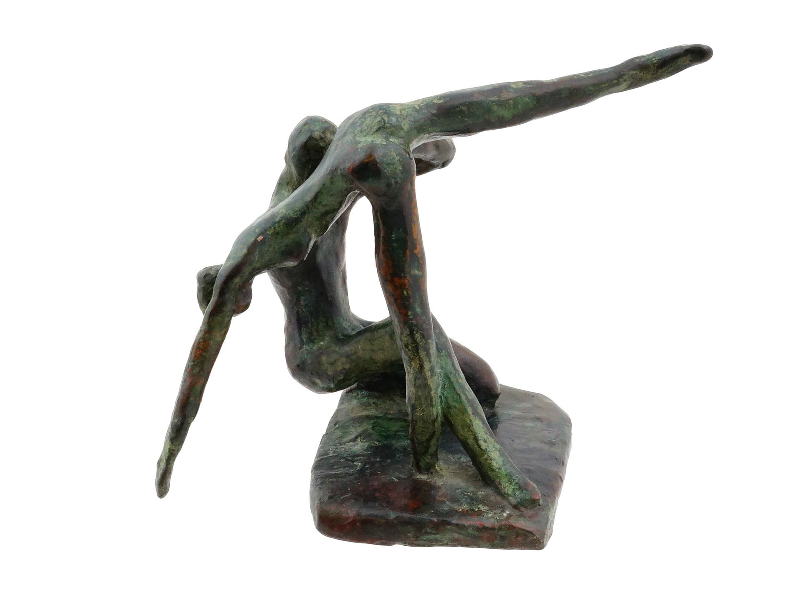 MID 20TH CENTURY MODERNIST DANCERS BRONZE SCULPTURE: A mid 20th century Modernist bronze sculpture depicting two stylized figures in a dynamic, intertwined pose suggestive of dance or acrobatics. One figure is positioned in a deep lunge while supporting
