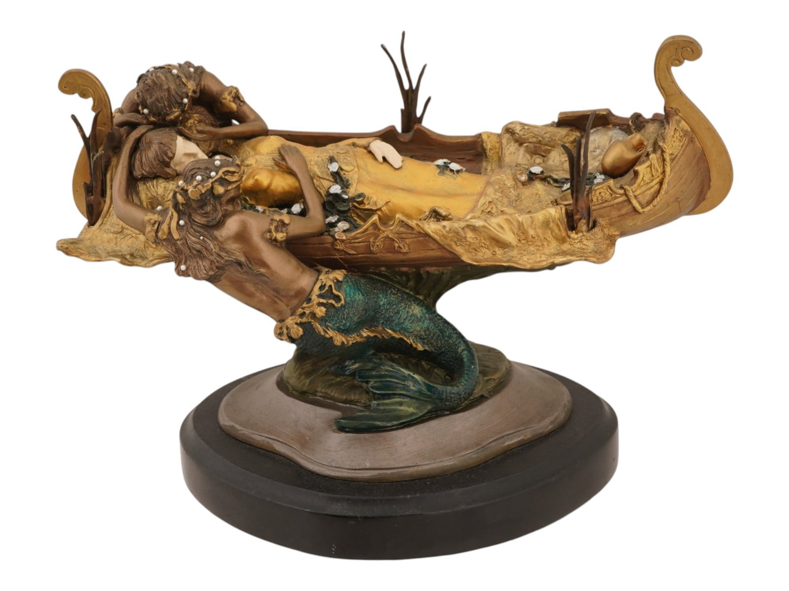 BRITISH R T PEARCE FANTASY MERMAIDS BRONZE SCULPTURE: A patinated bronze sculpture depicting a fantasy scene with mermaids. Signed with casting, R. T. Pearce, copyright, and dated 98. Mounted on an oval base. R.T. Pearce is a contemporary British sculpto