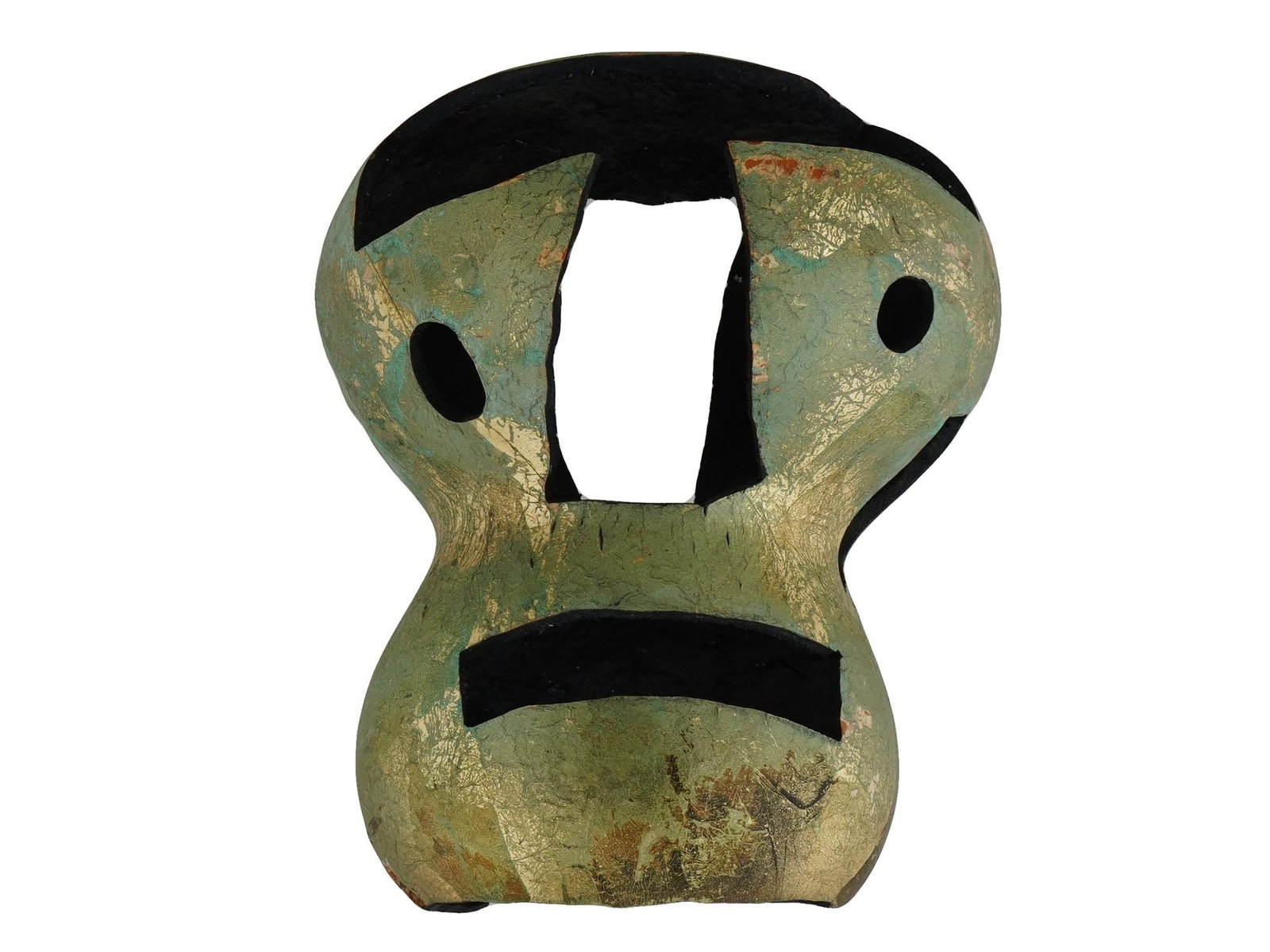 FOLK ART TRIBAL MANNER HAND PAINTED WOODEN SCULPTURE: A Modern Folk Art manner painted wooden sculpture. The sculpture is made in a tribal mask design with pierced through accents. The sculpture is adorned with a gold patina. Signed by the artist. Vintag