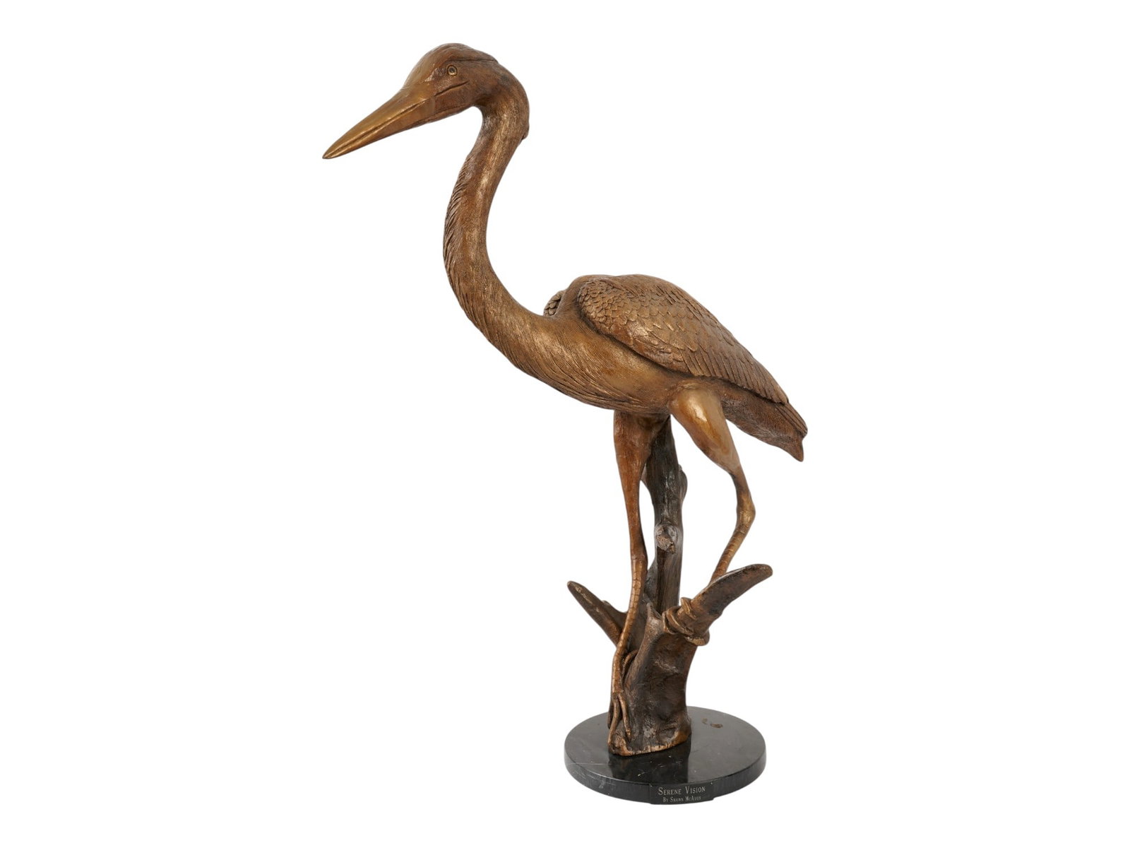 AMERICAN HERON COMPOSITE SCULPTURE BY SHAWN MCAVOY: Shawn McAvoy, a Contemporary American sculptor, a composite sculpture, Serene Vision, representing a standing heron. Mounted on a stone base. A plate with the name of the sculptor and the title, on th
