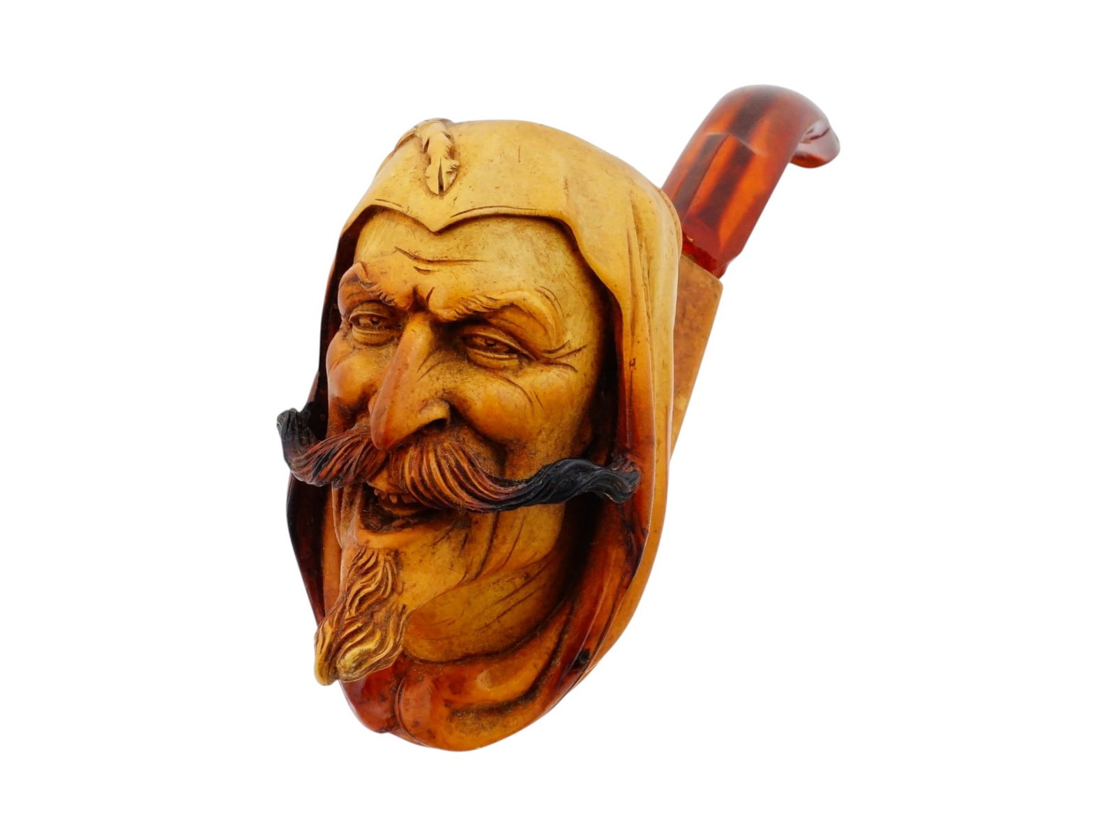 HAND CARVED BLOCK MEERSCHAUM SMOKING PIPE W CASE: A hand carved block meerschaum smoking pipe depicting a bearded male figure characterized by a prominent mustache and traditional headwear. The bowl is intricately detailed and includes a decorative m
