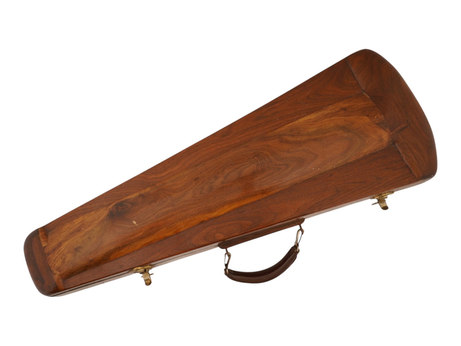 RARE EARLY 20TH CENTURY WOODEN VIOLIN COFFIN CASE: A rare antique violin case featuring a solid wood construction with a rich brown finish and a classic tapered silhouette. The interior is lined with a muted green felt and includes a fitted compartmen