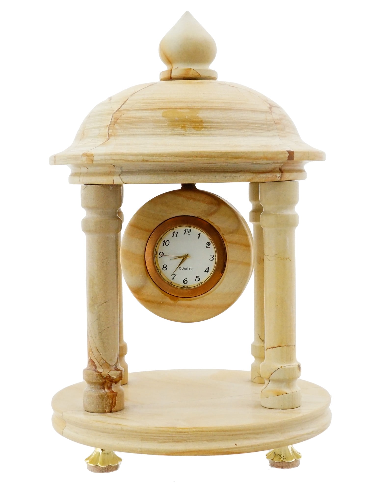 ITALIAN CARVED MARBLE ROTUNDA MANTEL CLOCK: A modern Italian carved marble mantel clock. The clock features a miniature rotunda with columns, a round quartz clock face in the center and a carved dome. Collectible Decor For Classic Interior Desi