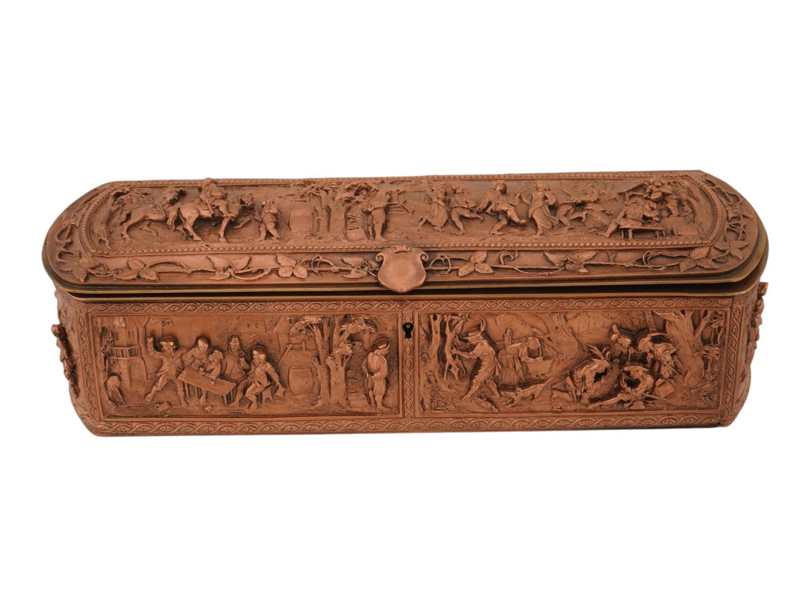 ANTIQUE FRENCH COPPER JEWELRY BOX W RELIEF DECOR: An antique French copper jewelry box with highly detailed relief decor. The lid and all sides of the box are decorated with beautiful miniature genre scenes in relief, including celebrations, dances, 