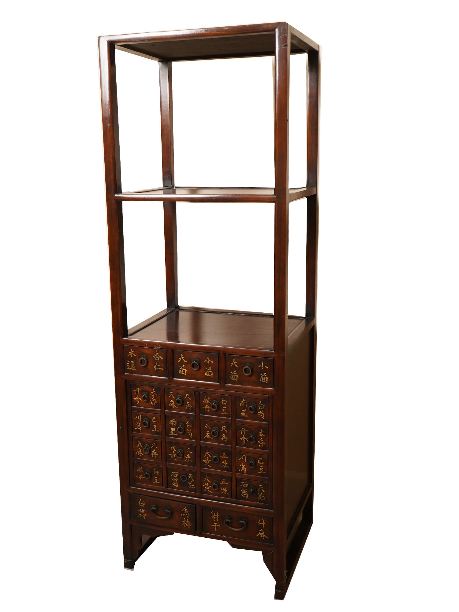 ANTIQUE KOREAN JOSEON WOODEN ETAGERE SABANGTAKJA: An antique early 20th Korean Joseon dynasty, 1392 to 1910, wooden etagere Sabangtakja. The item features a classic four-sided open framework. Constructed from wood, the piece is organized with two upp
