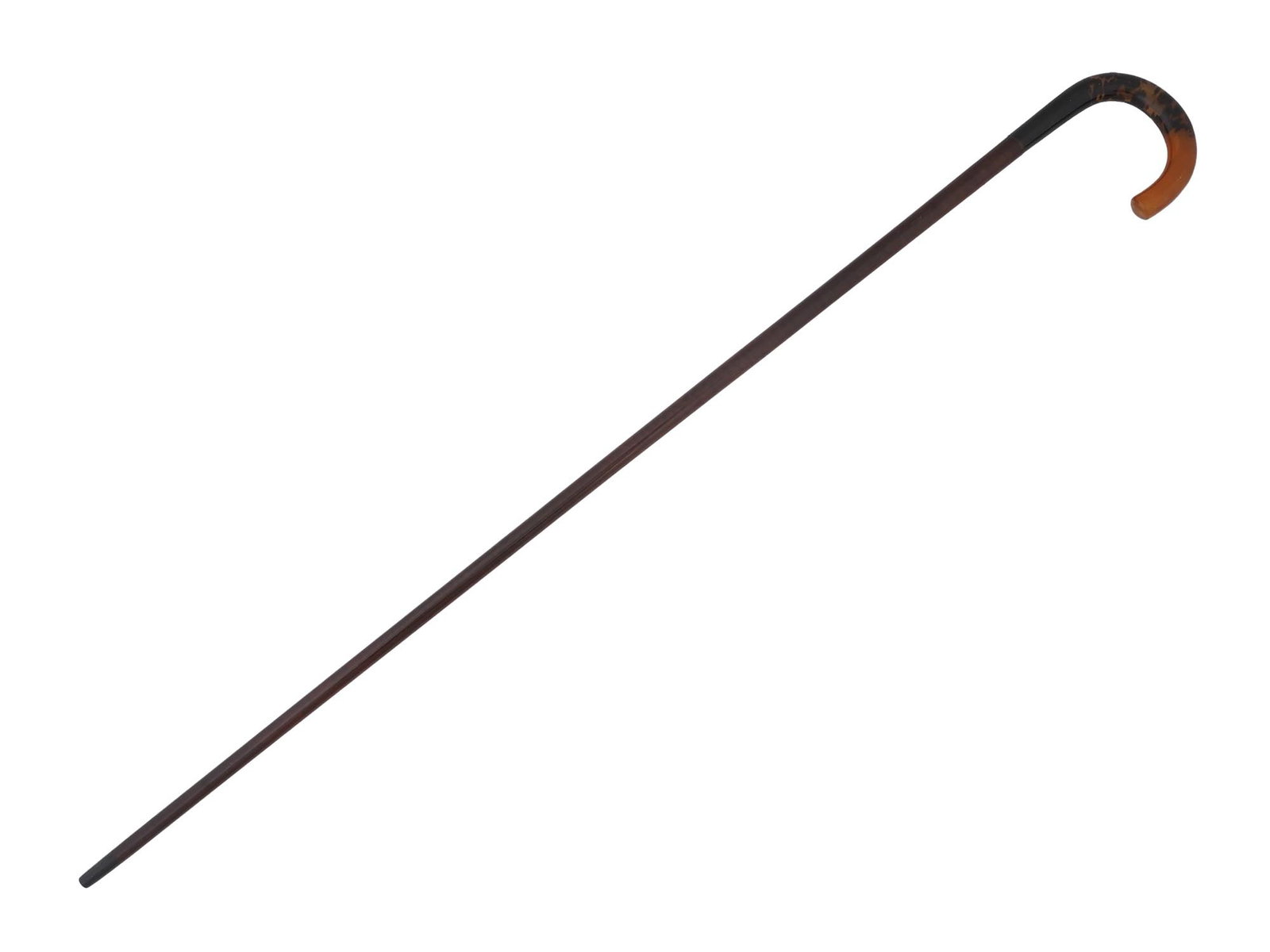 VINTAGE CARVED WOOD WALKING CANE W BAKELITE HANDLE: A vintage carved wood walking cane with a bakelite handle. Circa mid to late 20th century. The cane is of classical shape with a slightly pointed end and a hook handle. Vintage Walking Canes and Mens 