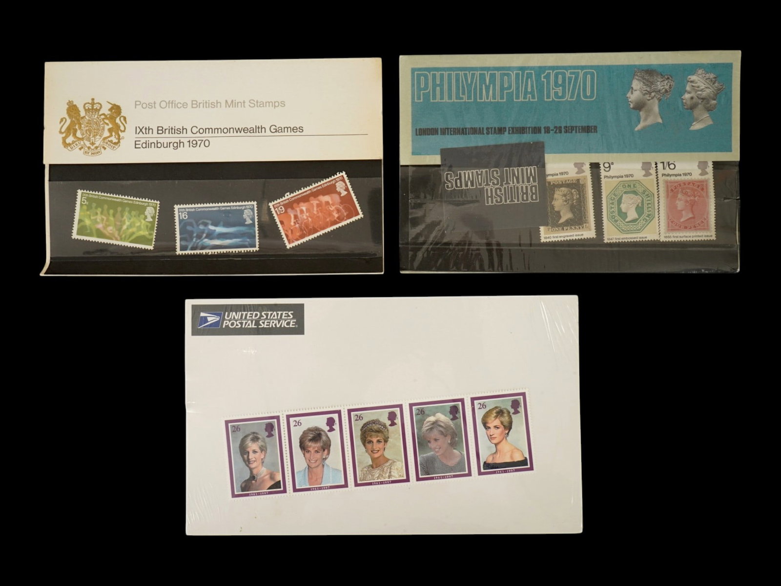 VTG COMMONWEALTH GAMES PHILYMPIA PRINCESS DIANA STAMPS: A group of vintage postage stamp presentation packs and commemorative keepsakes from the United Kingdom and the United States. The lot includes 1970 British presentation packs for the Commonwealth Gam