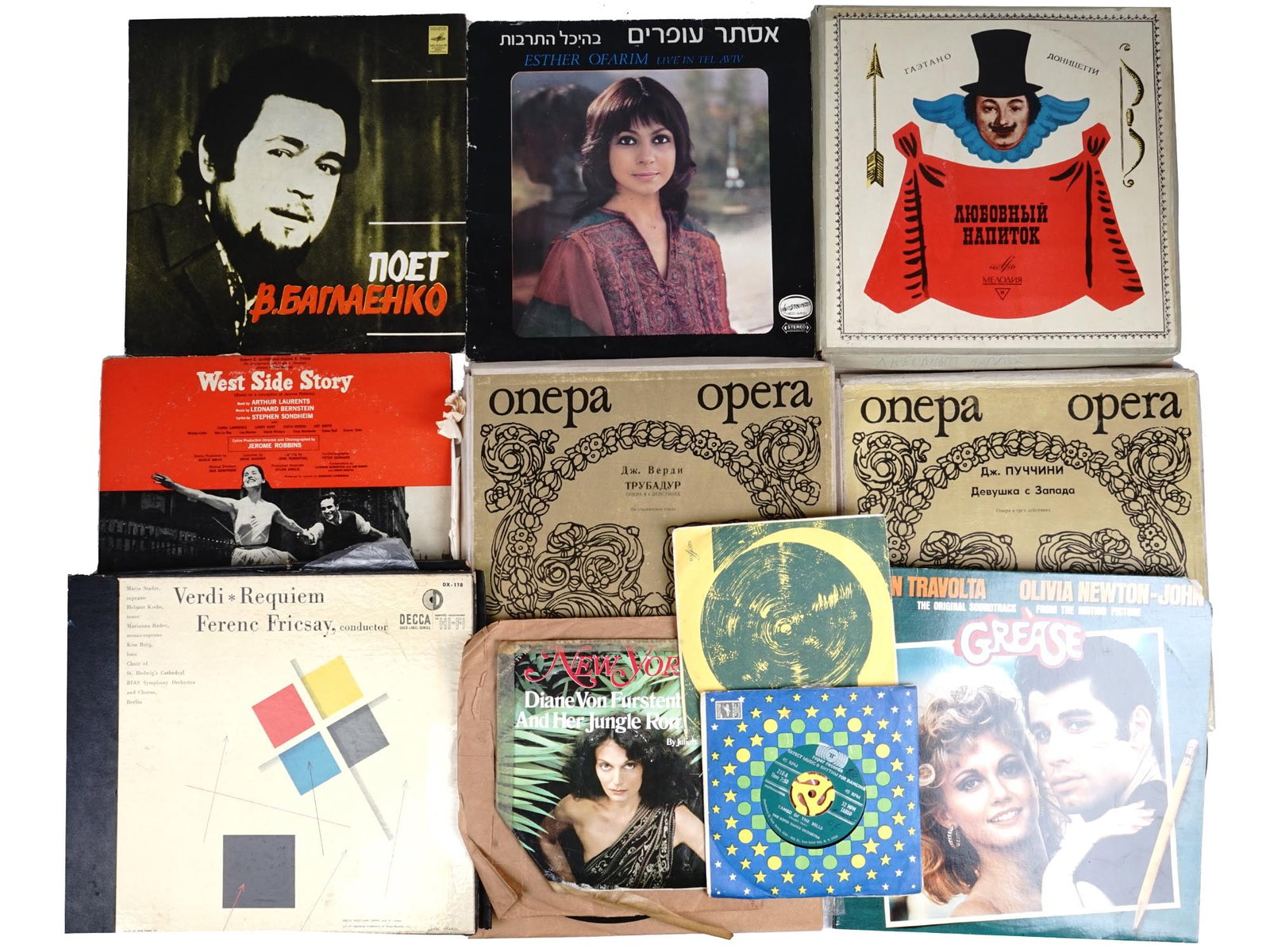 VINTAGE CLASSICAL AND POP MUSIC VINYL RECORDING COLLECTION: A collection of vintage vinyl albums including the opera recordings of Pucchini, Verdi, Donizetti, and more. The lots also includes the Grease Soundtrack album by East Burbank Players and High School 
