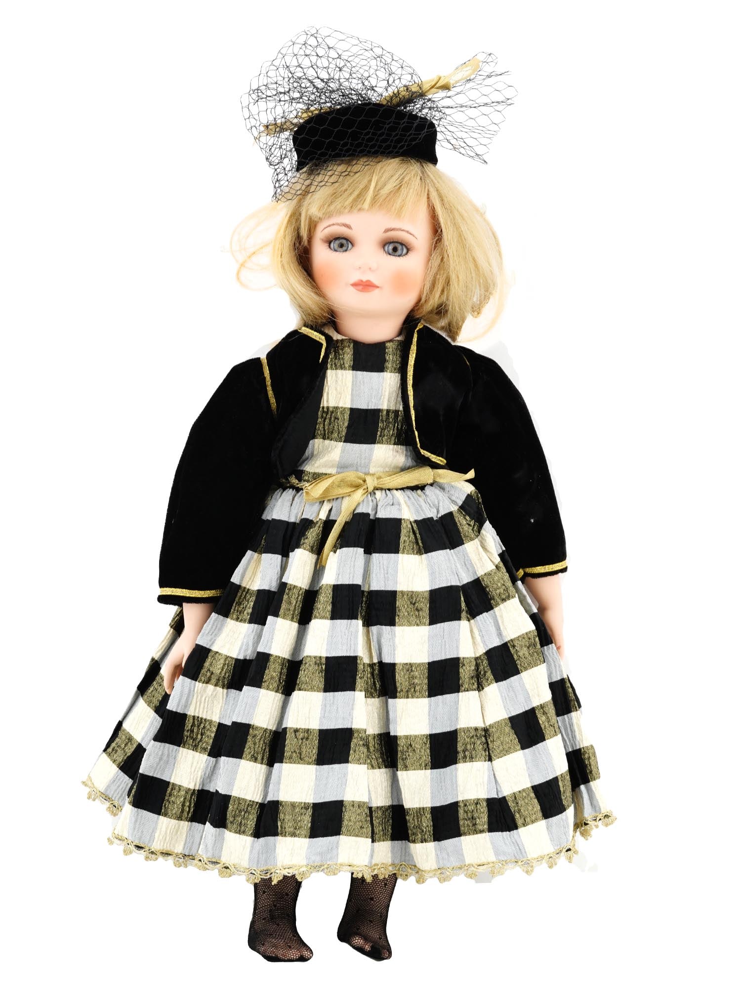 VINTAGE MARIE OSMOND ALEXIS PORCELAIN DOLL 1997: A vintage porcelain doll Alexis by Marie Osmond from the Dear To My Heart Collection copyrighted in 1997. The doll wears an elegant black, white and gold dress with a black velvet bolero jacket, black