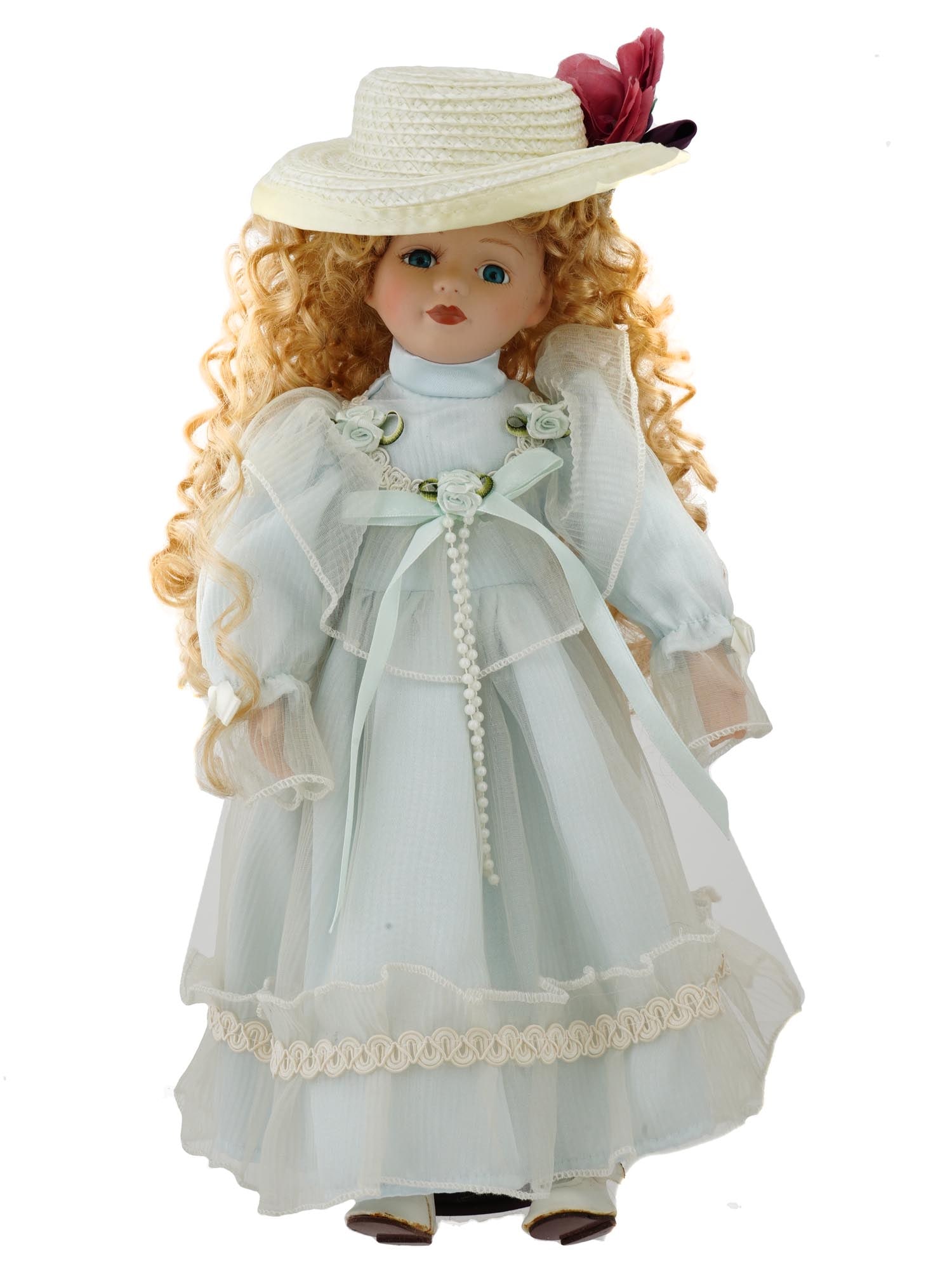 COLLECTIBLE VINTAGE PORCELAIN DOLL C 1990: A lovely vintage porcelain doll dressed in a pretty pale blue dress with ribbons, lace, faux pearls and a straw hat with flowers. Circa 1990. Vintage and Modern Porcelain Dolls, Childrens Toys, Home D