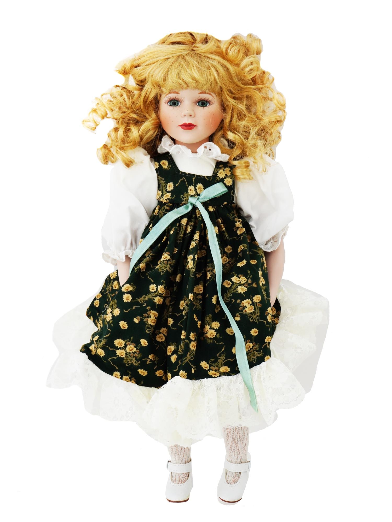 VINTAGE WINDSOR COLLECTION PORCELAIN DOLL IOB: A rare vintage porcelain doll from the Windsor Collection. The doll has curly blond hair, green eyes with lashes and wears a beautiful original outfit including a white blouse, a green dress with a ye