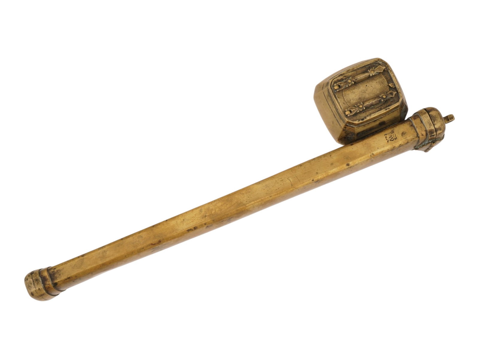 ANTIQUE PERSIAN QAJAR BRASS QALAMDAN PEN BOX: An antique Persian brass qalamdan, or pen box. Qajar period, 19th century. Traditional oblong narrow deep box, inkwell with hinged lid on the side. Hallmarked. Qalamdan literally means pen container i