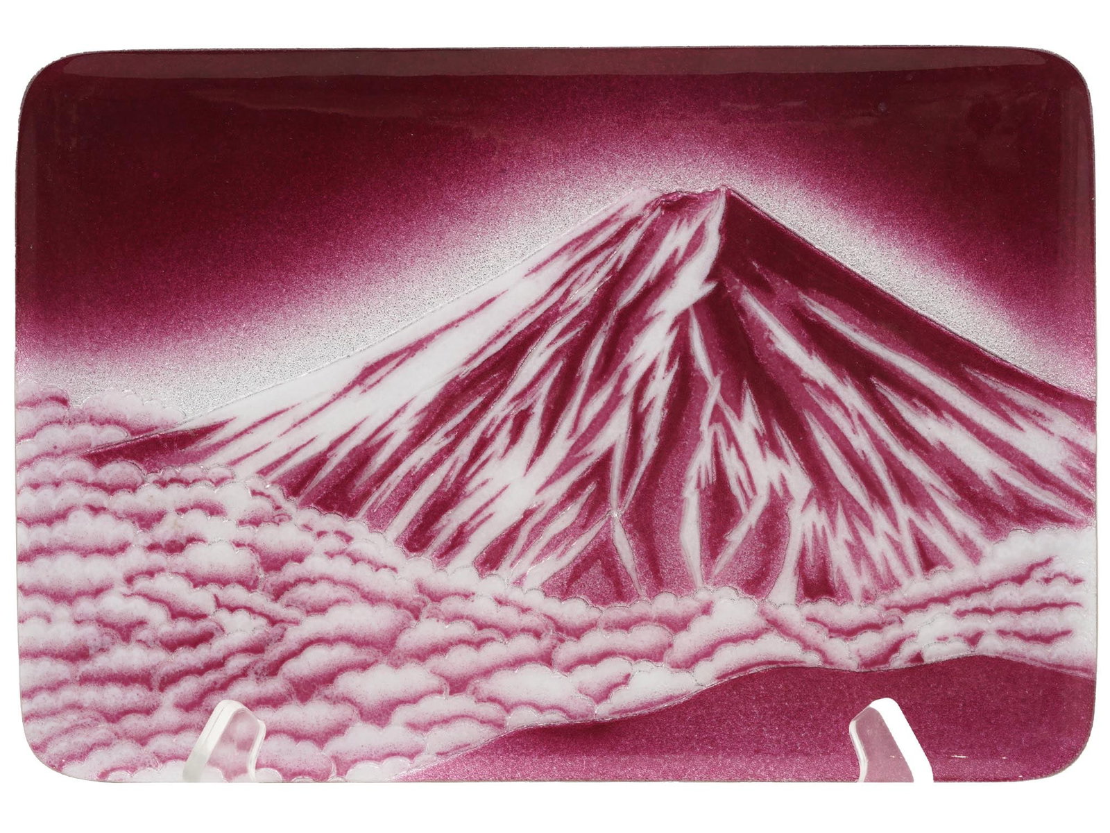 JAPANESE WIRELESS CLOSIONNE TRAY WITH MOUNT FUJI: A mid 20th-century Japanese copper serving tray with wireless cloisonne enamel design. The front side of the piece depicts a view of Mount Fujiyama in pink color palette. Oriental Landscape Art And De