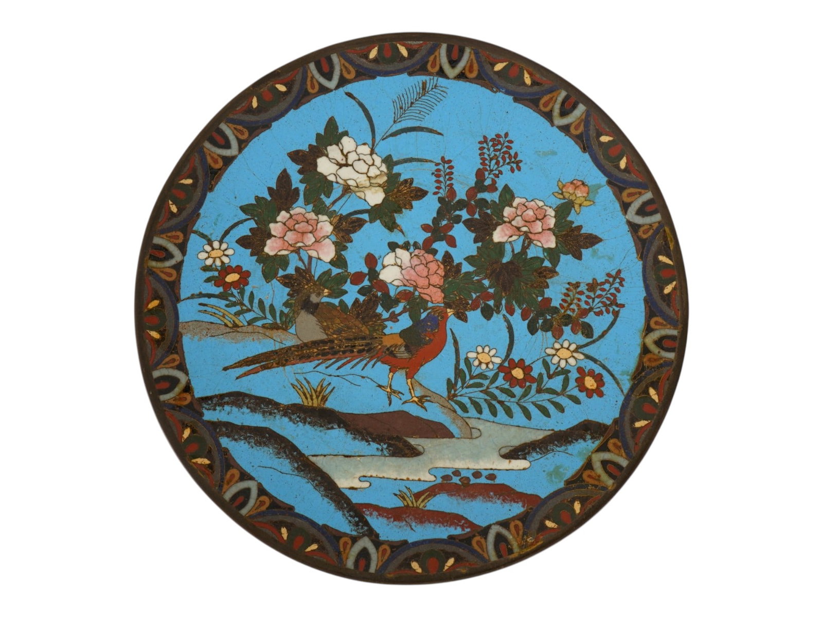 JAPANESE POLYCHROME DESIGN CLOISONNE ENAMEL PLATE: A Japanese decorative enamel over copper plate or charger. The interior of the plate is adorned with a polychrome design of a pair of birds in blossoming flowers and plants on the turquoise ground mad