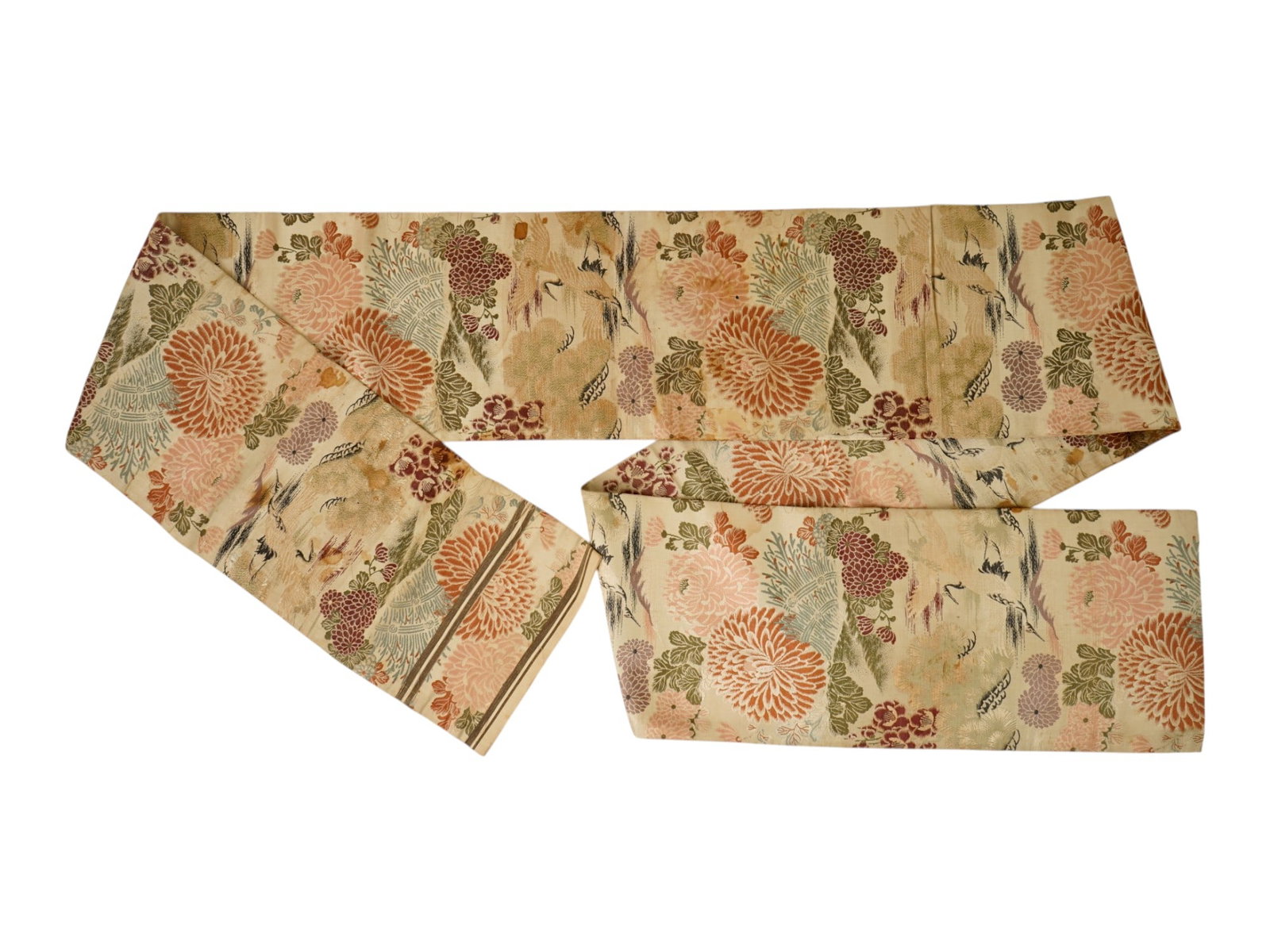 VINTAGE JAPANESE SHOWA ERA WOMENS SILK FUKURO OBI: A vintage Japanese women's silk fukuro obi, a traditional semi-formal sash type. Showa period, ca. 1950s to 1970s. All-over polychrome brocade chrysanthemum and stork motifs against the beige ground.