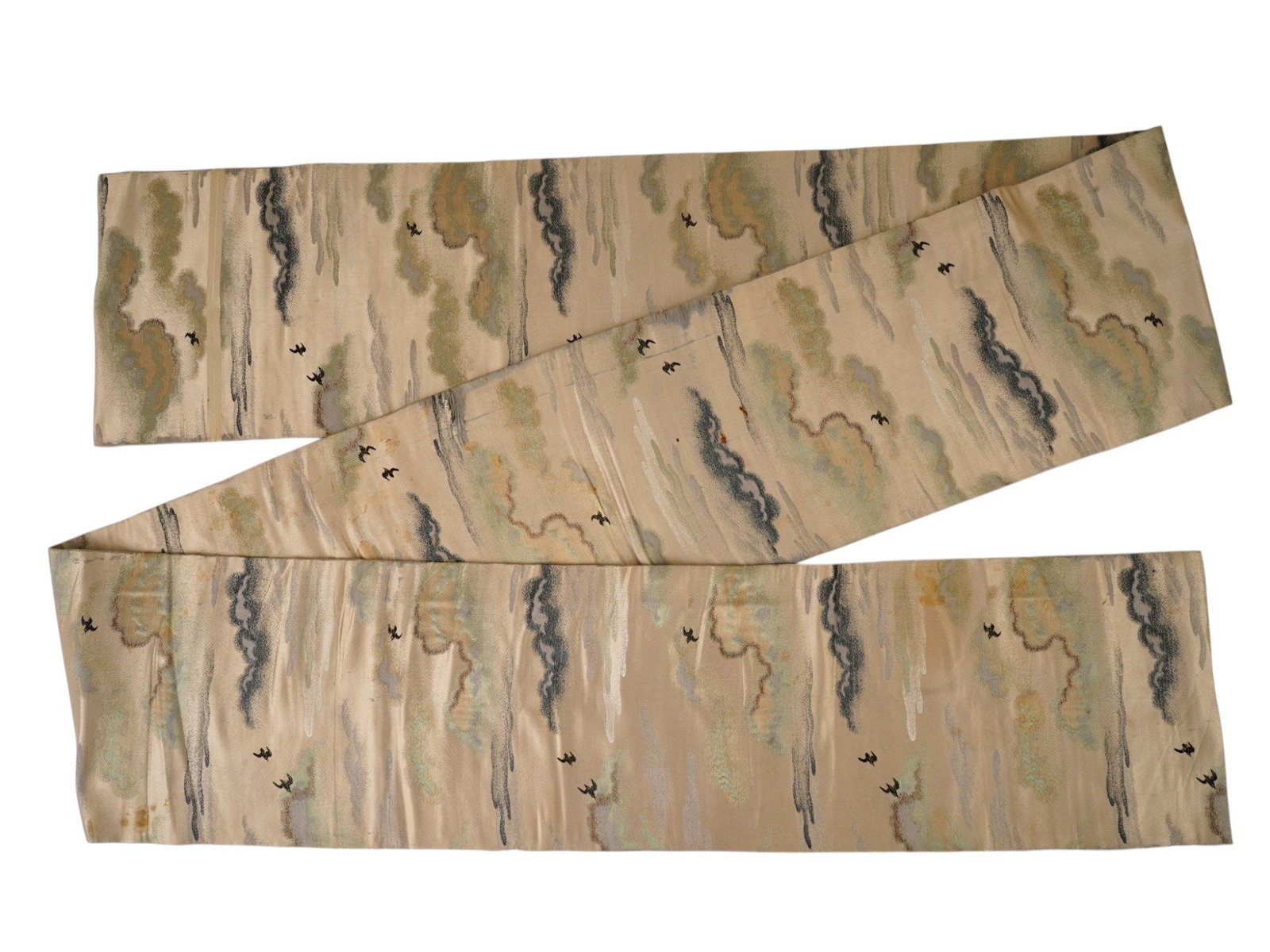 VINTAGE JAPANESE SHOWA ERA WOMENS SILK FUKURO OBI: A vintage Japanese women's silk fukuro obi, a traditional semi-formal sash type. Showa period, ca. 1950s to 1970s. All-over brocade clouds and birds motif against the beige ground. Collectible