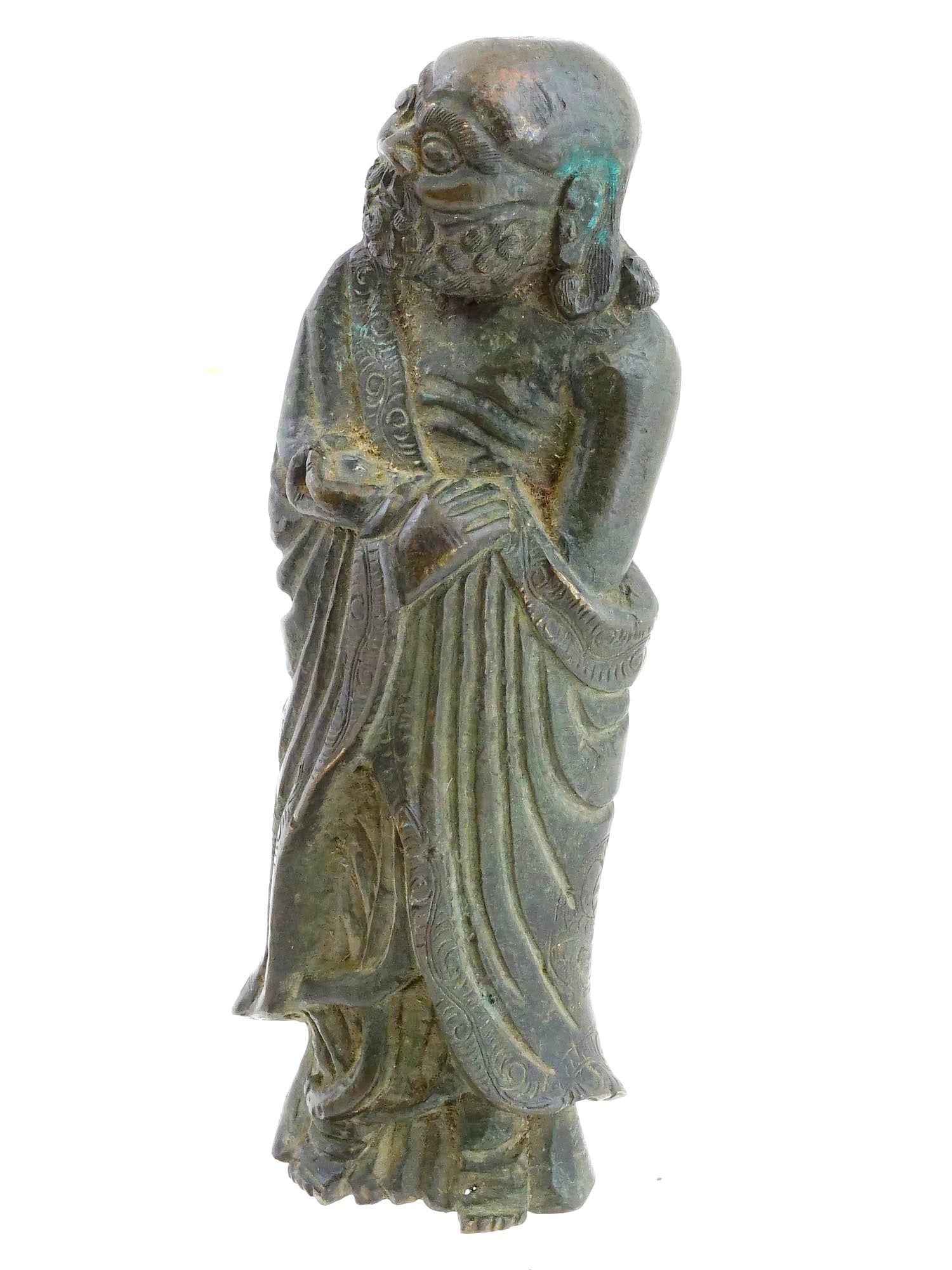 ANTIQUE JAPANESE BODHIDHARMA DARUMA BRONZE FIGURINE: An antique Japanese Bodhidharma Daruma bronze figurine. Circa mid to late 19th century. The founder of Zen Buddhism and martial arts is depicted as very thin, with a wide beard, wearing a long robe ov