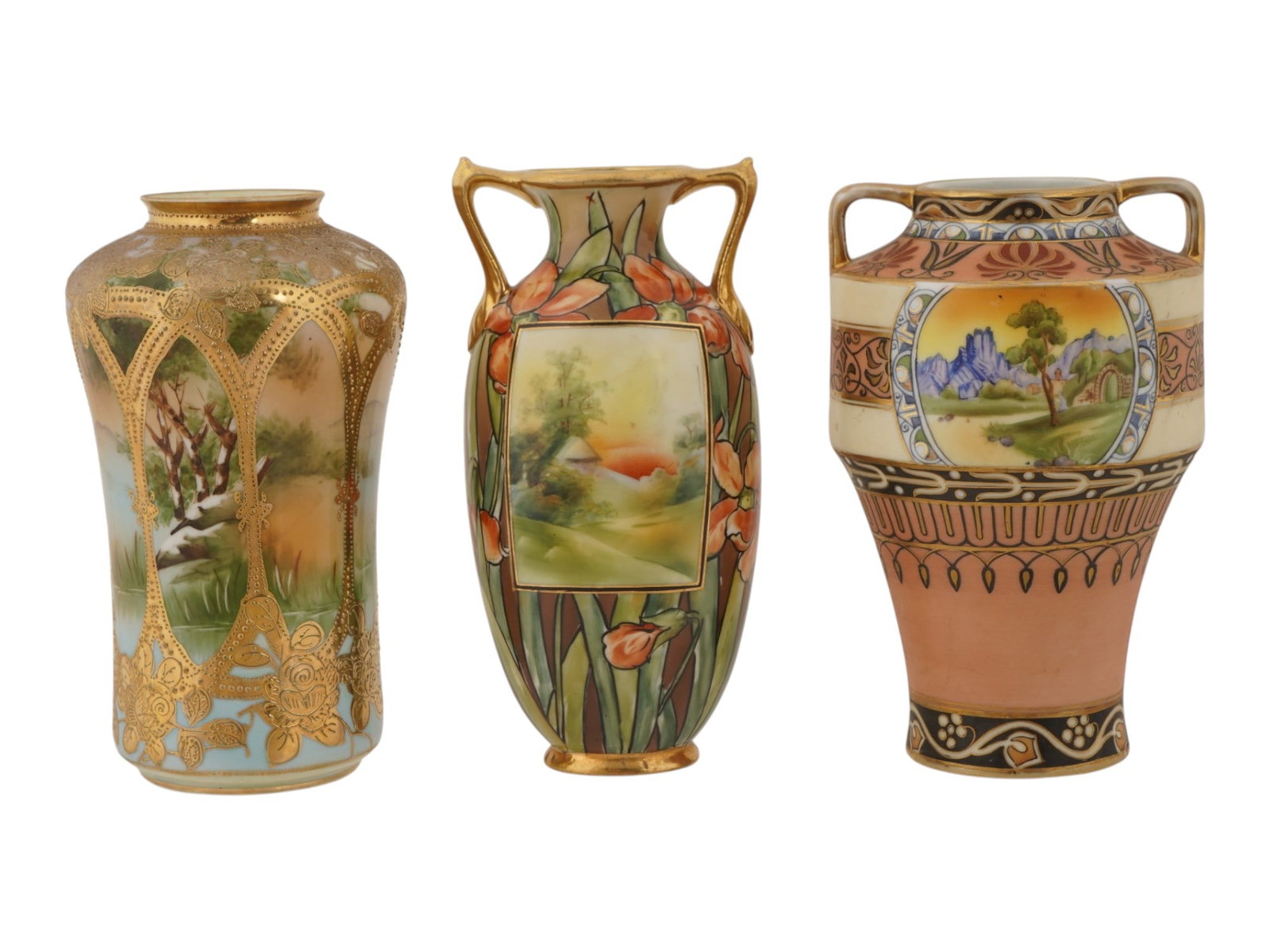 ANTIQUE JAPANESE NIPPON HAND PAINTED PORCELAIN VASES: A collection of three antique Japanese Nippon hand-painted porcelain vases dating to the late 19th and early 20th centuries. The group includes a moriage-decorated scenic vase, an Art Nouveau-style va