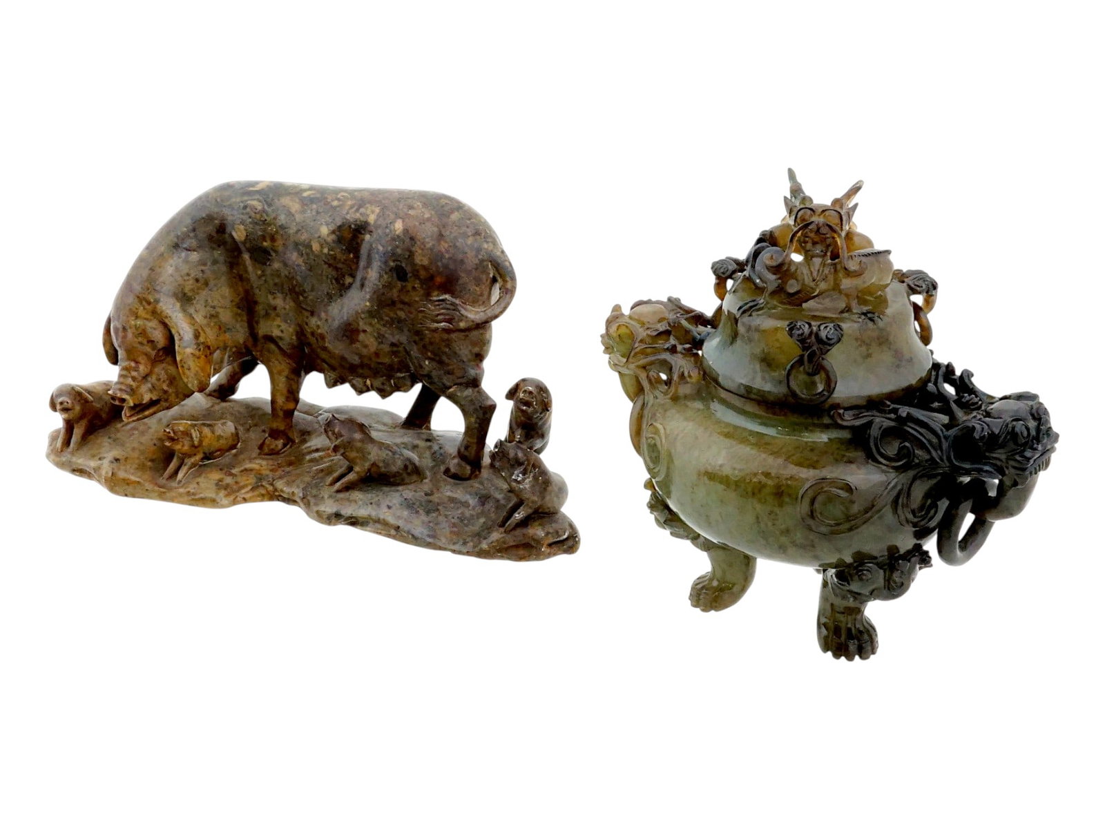CHINESE JADE INCENSE BURNER AND SOAPSTONE SCULPTURE (1 of 9)