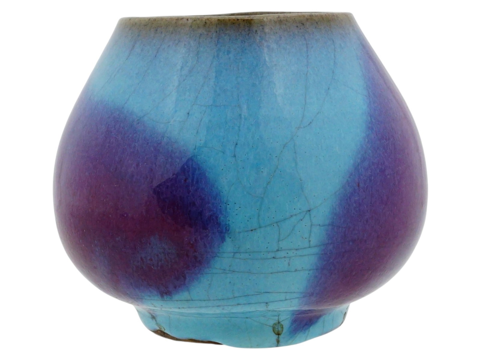 ANTIQUE CHINESE GLOBULAR BLUE GLAZED CERAMIC VASE: An antique Chinese globular shaped ceramic vase. The vase is covered with glaze in turquoise blue and deep amethyst purple shades. The vase is made in a splash design. Unmarked. Circa: late 19th centu