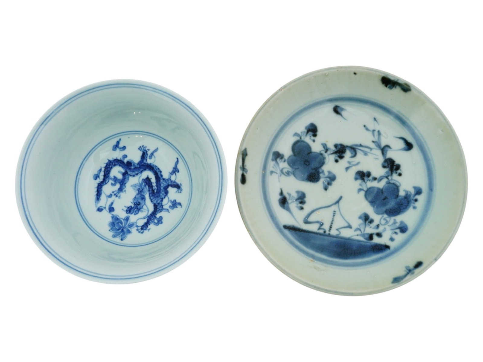LOT OF CHINESE BLUE WHITE PORCELAIN PLATE AND BOWL: A lot of two pieces of Chinese blue and white porcelain including a deep bowl and a shallow dish. The bowl features a vibrant underglaze blue decoration of a dragon traversing a cloud filled sky on th