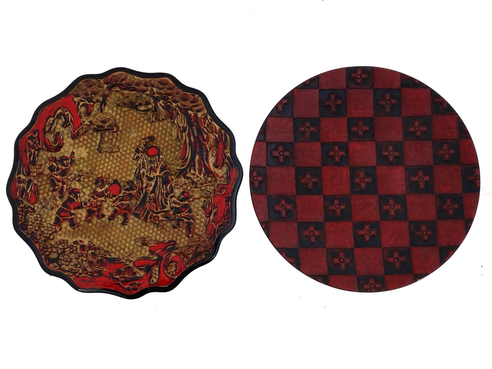 TWO VINTAGE CHINESE LACQUER DECORATIVE PLATES: Two vintage Chinese plates. The first is a cannabar-style lacquer plate, featuring a carved figural landscape scene in the traditional Chinese character story style. The second is a plate finished in 