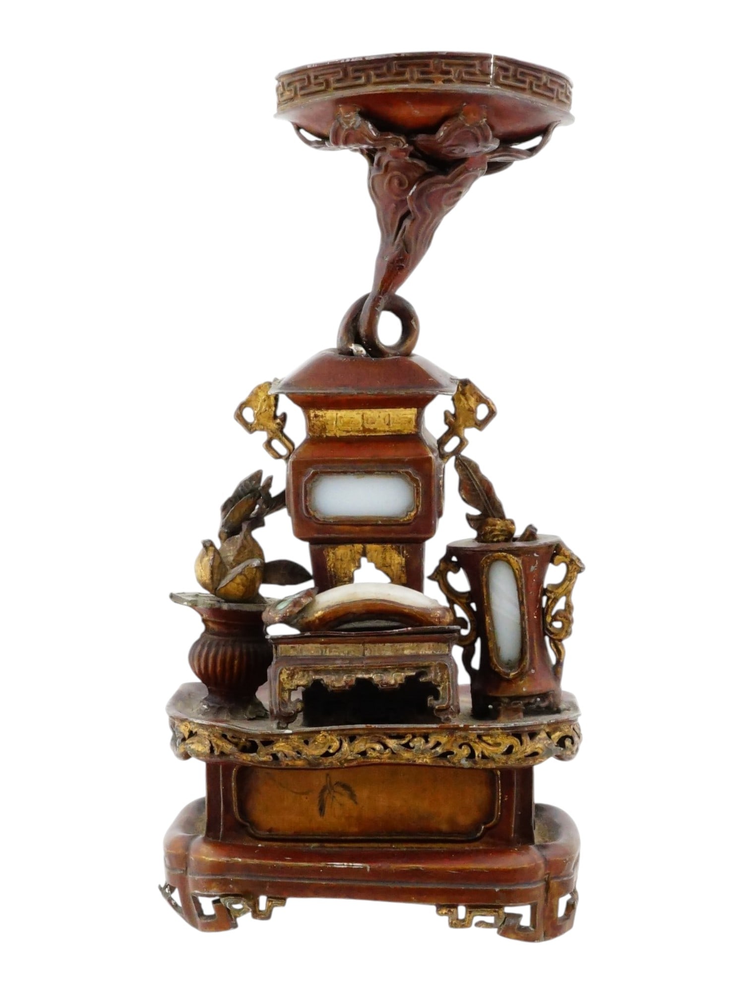 ANTIQUE CHINESE LACQUERED WOOD SCHOLARS DISPLAY STAND: An antique Chinese lacquered wood scholars display stand, dating to the Qing Dynasty or early Republic period. Decorated in red lacquer with gilt accents and inset nephrite jade panels. The piece is a