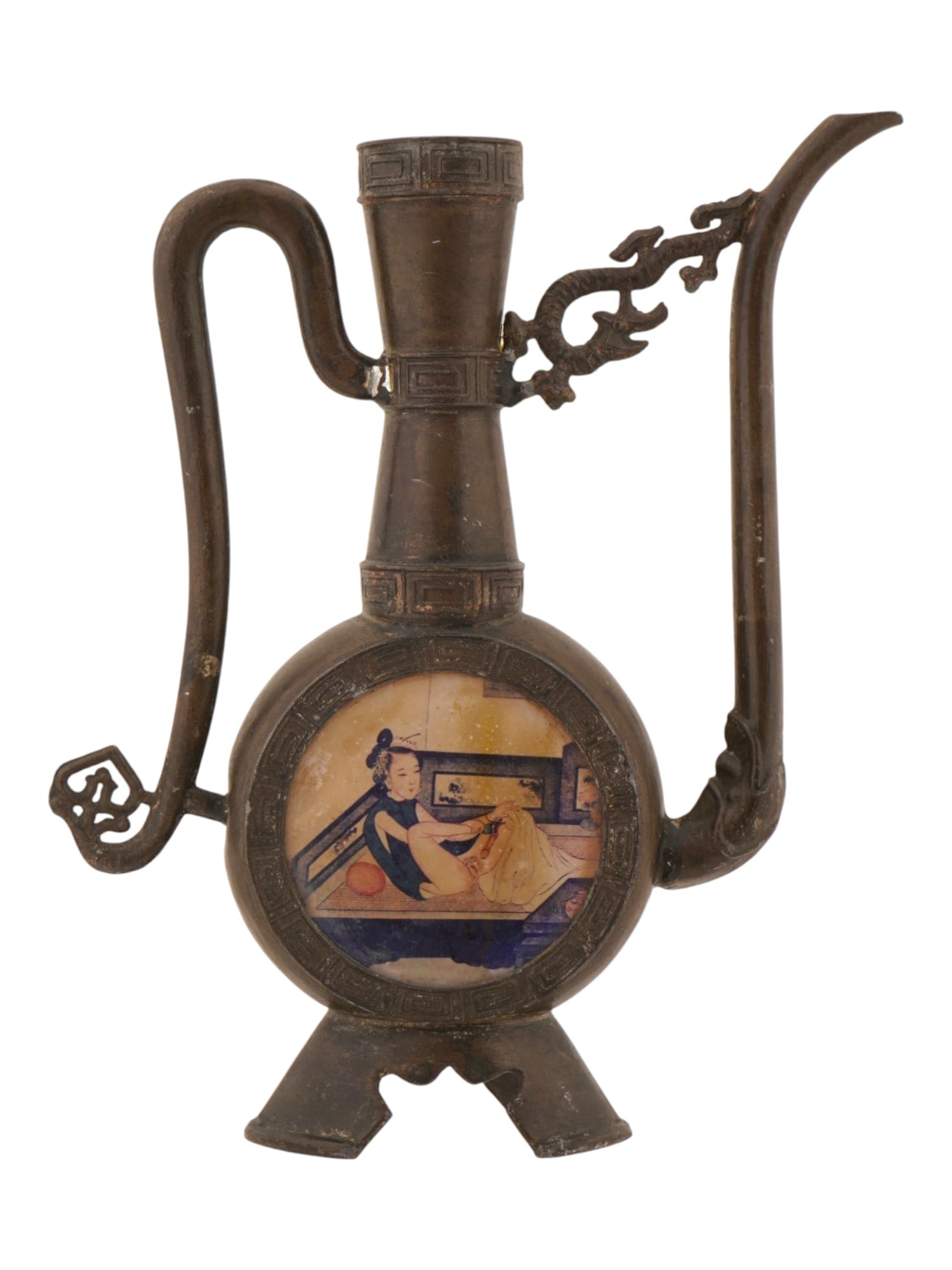 CHINESE BRONZE POT JUG WITH EROTIC SCENE PRINTS: A Chinese bronze teapot or wine jug. The ware features a flattened globular body supported by a splayed base, characteristic of traditional wine vessel forms. The piece includes a slender, curved spou