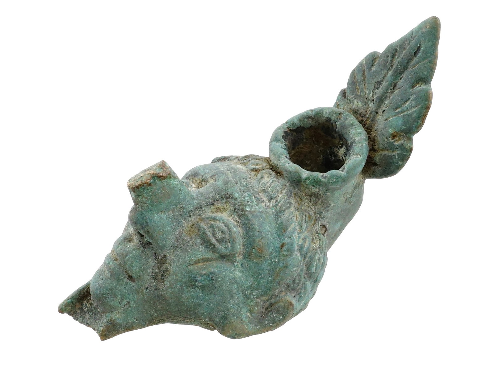 ANCIENT ROMAN FIGURAL BRONZE OIL LAMP FRAGMENT: An Ancient Byzantine Empire cast bronze oil lamp. Ca. 1st to 4th century AD. Designed as a male head, leaf shape handle. Green patina. Historical Collectibles, Bronzeware And Metalwork, Archaeological