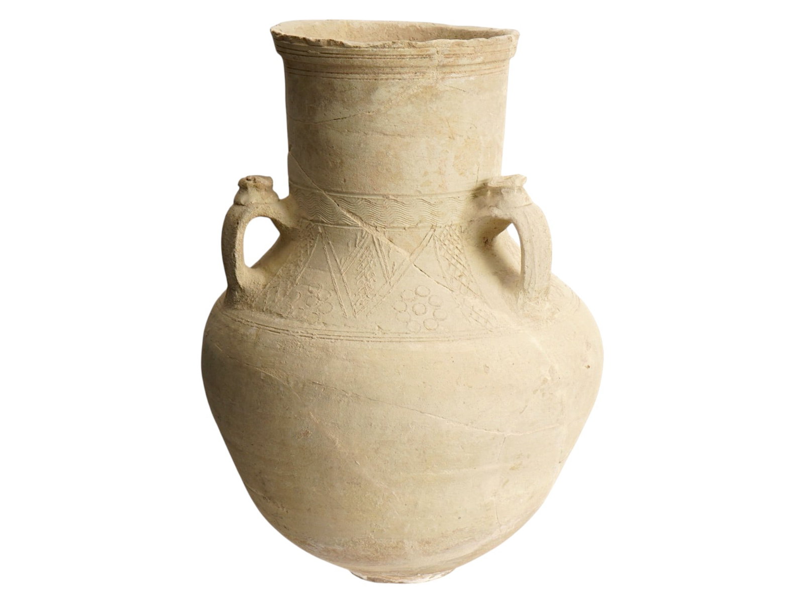 LARGE ANCIENT EARLY ISLAMIC JAR W HANDLES 600 TO 800 AD: A large ancient early Islamic Time of the Prophet pottery jar with three handles. The jar has a globular shaped body and a wide neck. The exterior of the ware is engraved with ornaments representing s