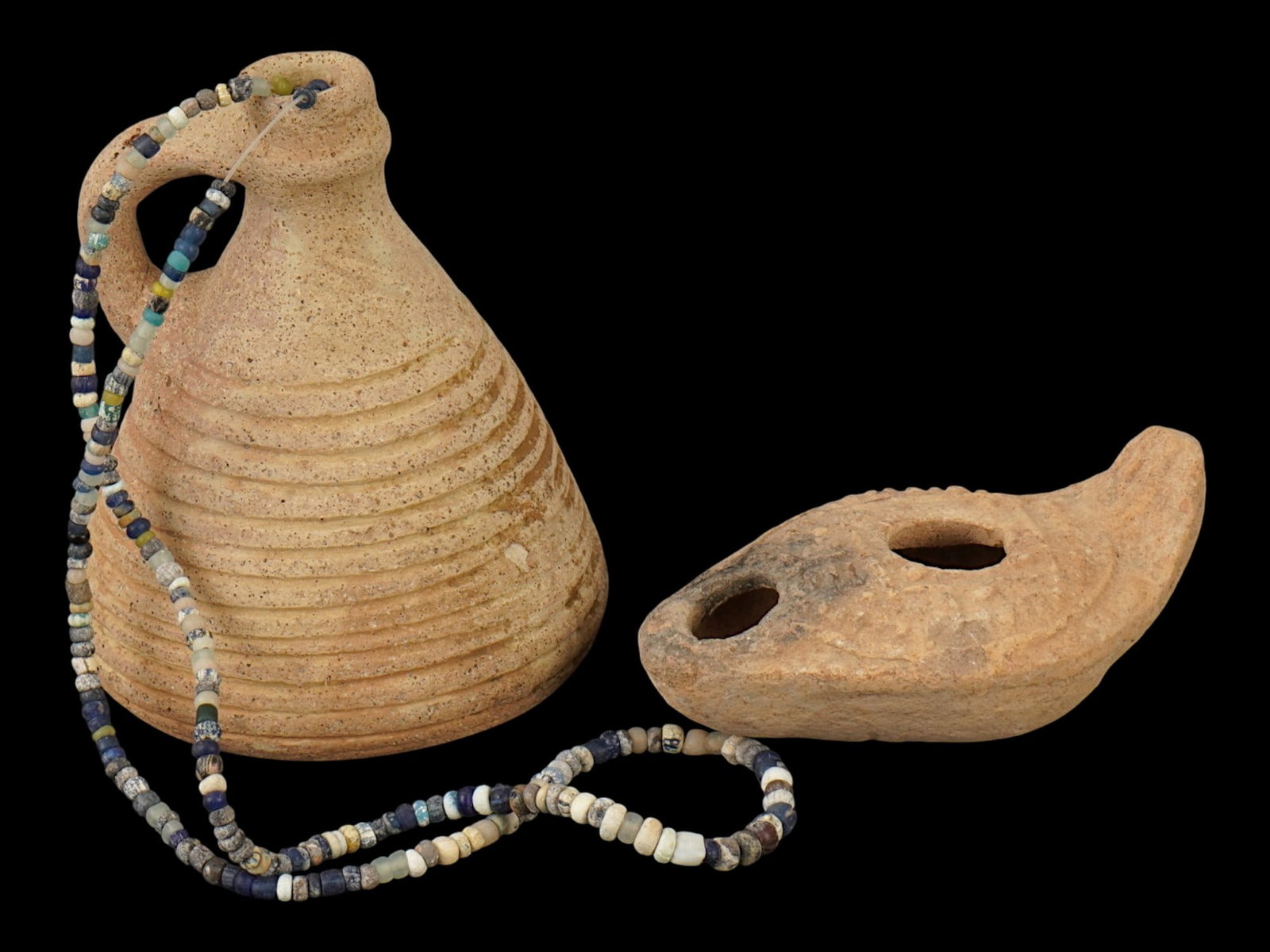 ANCIENT ROMAN TERRACOTTA PITCHER OIL LAMP GLASS NECKLACE (1 of 8)