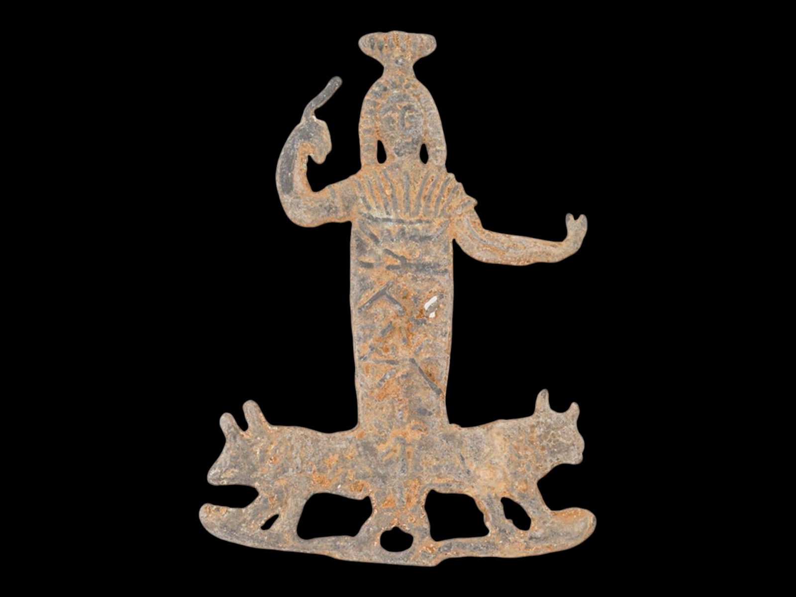 ANCIENT ROMAN BRONZE JUPITER HELIOPOLITANUS VOTIVE PLAQUE: An ancient Roman bronze votive plaque depicts Jupiter Heliopolitanus, the syncretic deity associated with the sanctuary at Heliopolis.Circa 200 BC to 200 AD. The figure is rendered in a frontal pose, 