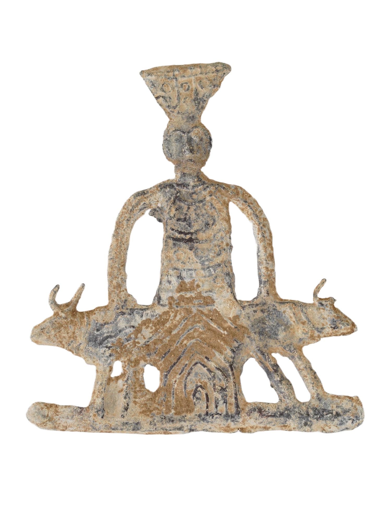 ANCIENT ROMAN PLAQUE HELIOPOLITAN JUPITER W BULLS: An Ancient Roman votive plaque, the Heliopolitan Jupiter with two bulls. Circa 200 BC to 200 AD. Jupiter stands atop a platform supported by two bulls, which flank the god. The deity stadially merged 
