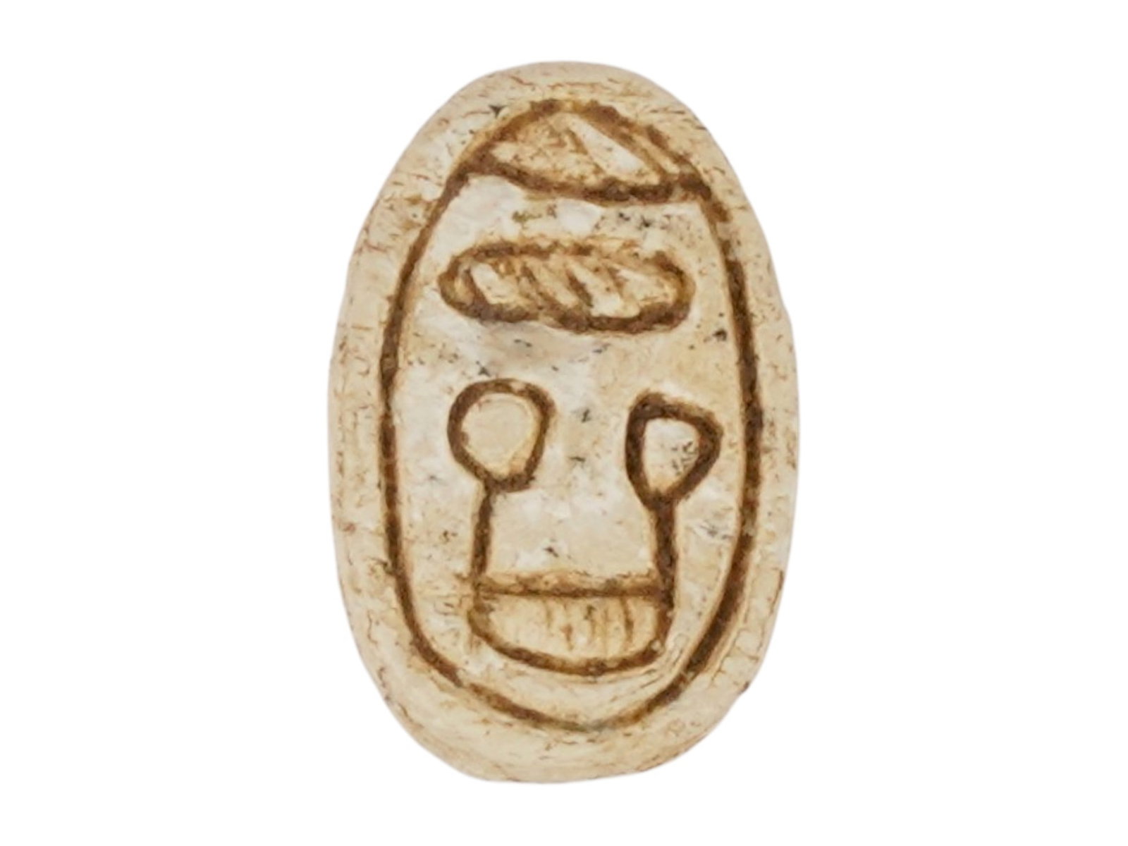 ANCIENT EGYPTIAN LATE PERIOD WHITE STEATITE SCARAB: An ancient Egyptian white steatite scarab dating to the Late Period, circa 700 to 400 BC, carved and engraved with hieroglyphic inscriptions on the base. Such scarabs served as protective amulets and 
