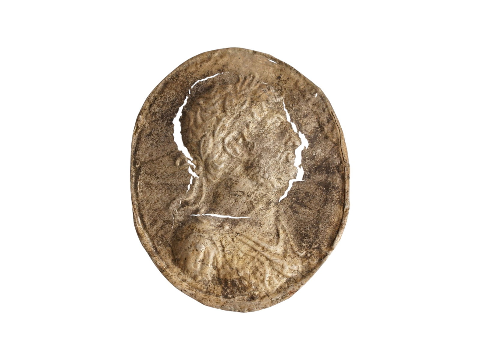 ANCIENT ROMAN SILVER MEDALLION W PORTRAIT OF AN EMPEROR: An ancient Roman silver medallion dating circa 100 to 300 AD, featuring a profile portrait of an emperor. The bust reflects the imperial iconography of the period, where such images conveyed authority