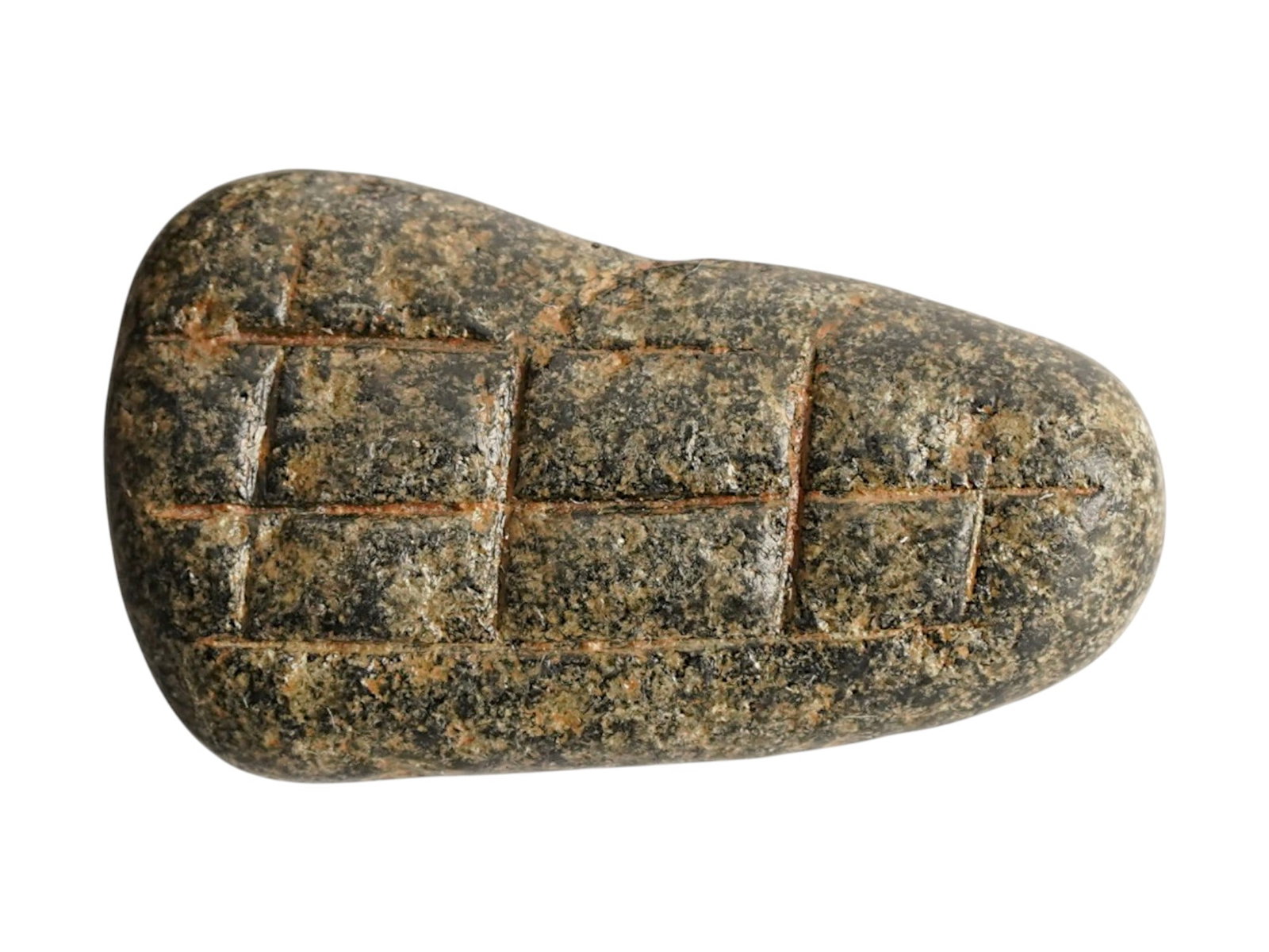 ANCIENT HOLY LAND CARVED RAM HEAD STEATITE STONE STAMP SEAL: An ancient Holy Land carved Steatite stone stamp seal in the shape of a ram's head, possibly representing the God Baal. dating circa 1st millennium BC. The irregular animal head shaped stamp is adorne