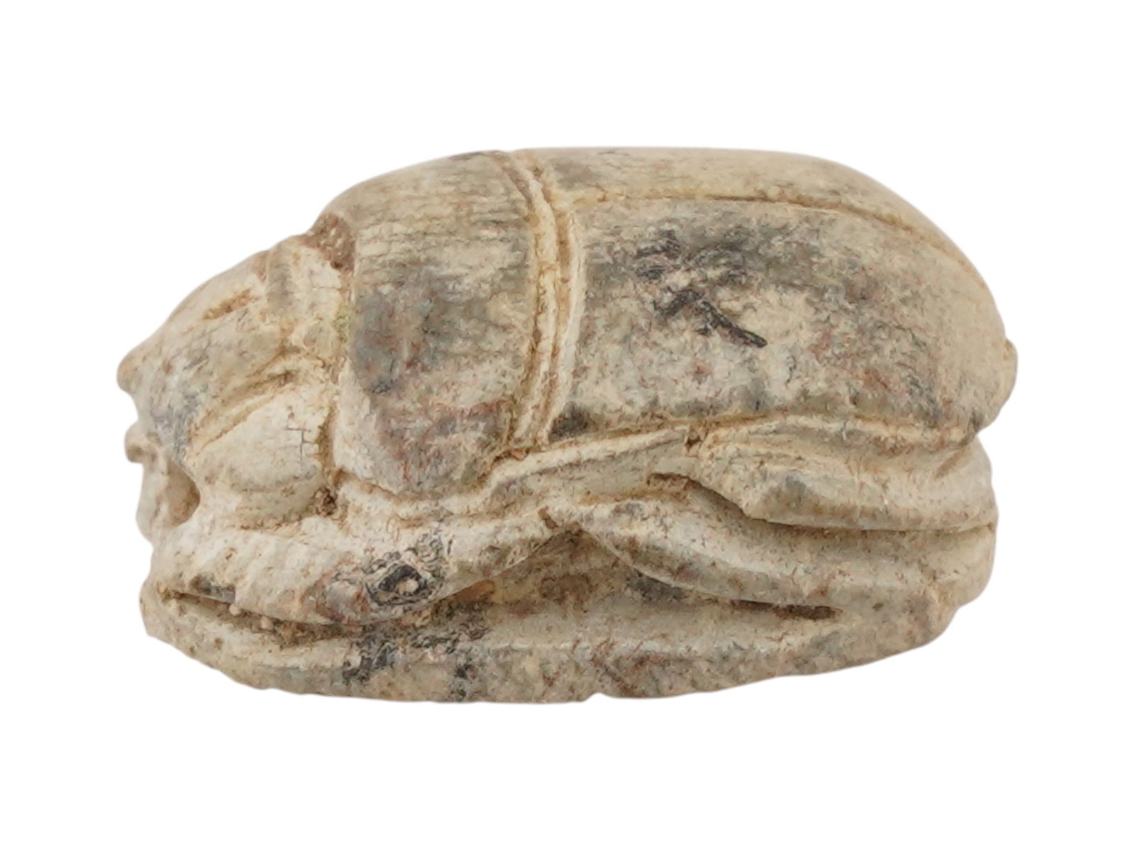 ANCIENT EGYPTIAN LATE PERIOD STEATITE STONE SCARAB BEAD: An ancient Egyptian Late Period hand carved steatite stone bead in the shape of a scarab with engraved hieroglyphs on the underside. Circa: 700 to 200 BC. Collectible Historical Artifacts, Archaeologi